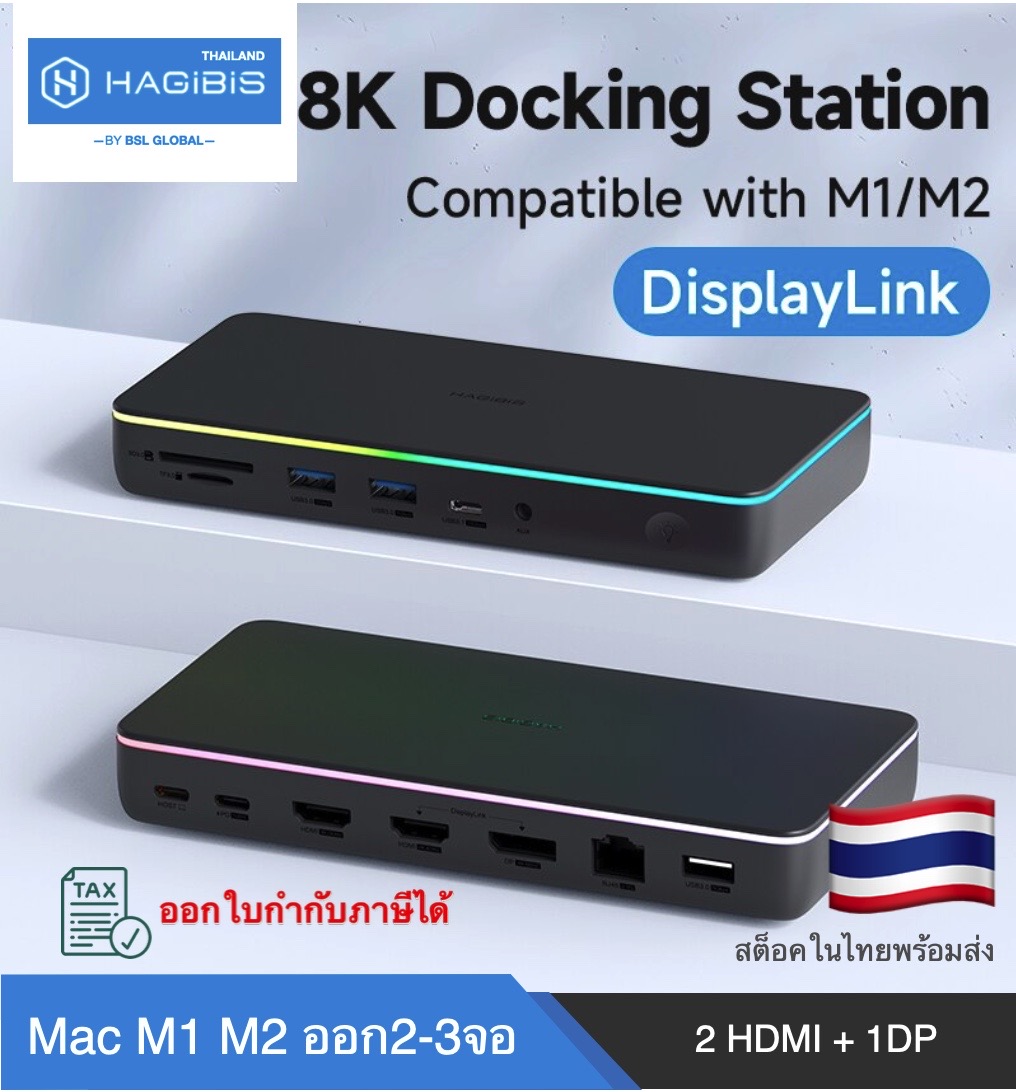ออกใบกำกับภาษีได้ พร้อมส่งจาก กทม ประกันไทย Hagibis CD100 Display Link สามารถทำให้ Macbook Macmini ชิพ M1 M2 M3 M4 ออก 2จอ 3จอ แบบ Extended ได้