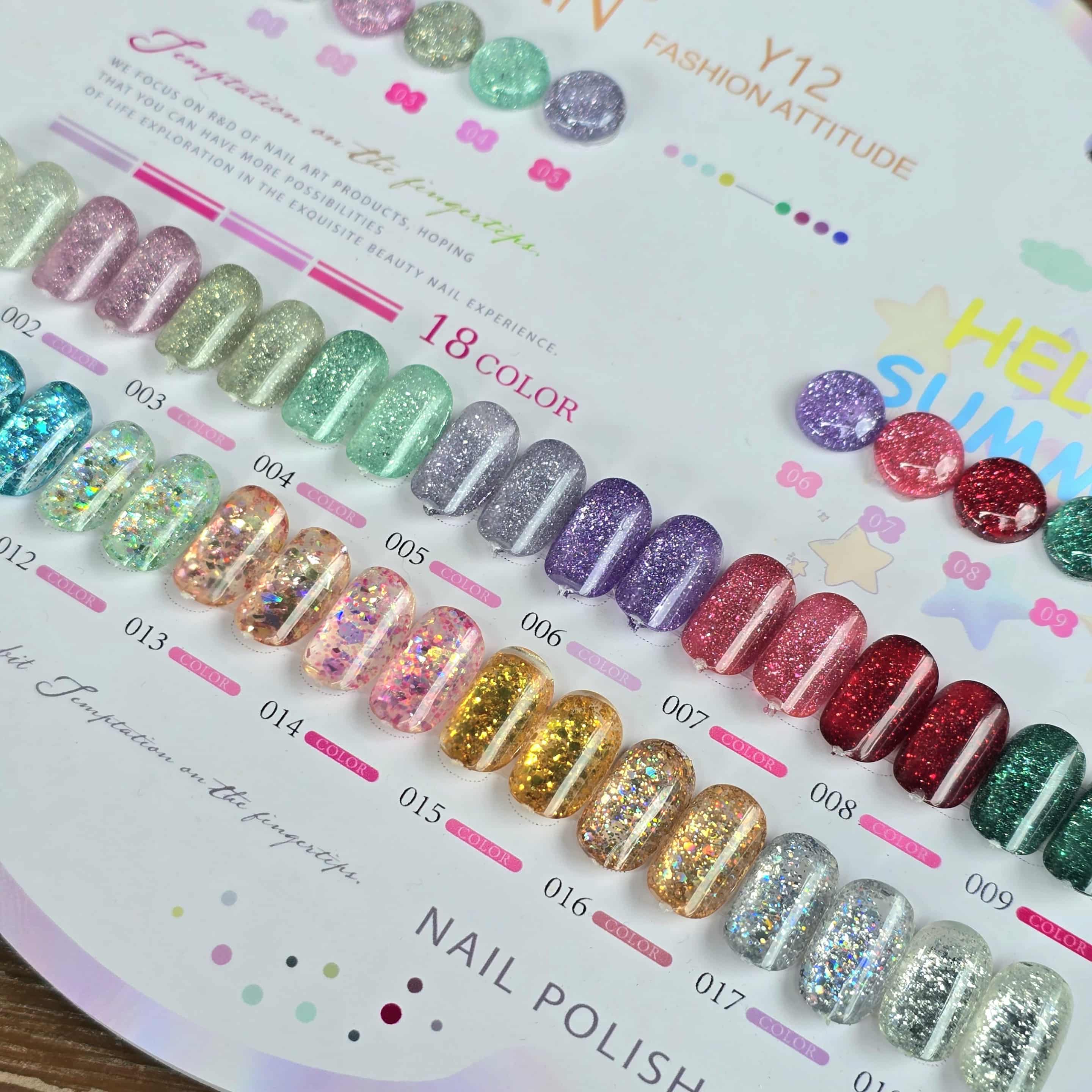 🌈 สีเจลทาเล็บกลิตเตอร์ สีเจลแฟลช MILAN Y12 รุ่น Hello Summer 18สี พร้อมชาร์ตสี✨
