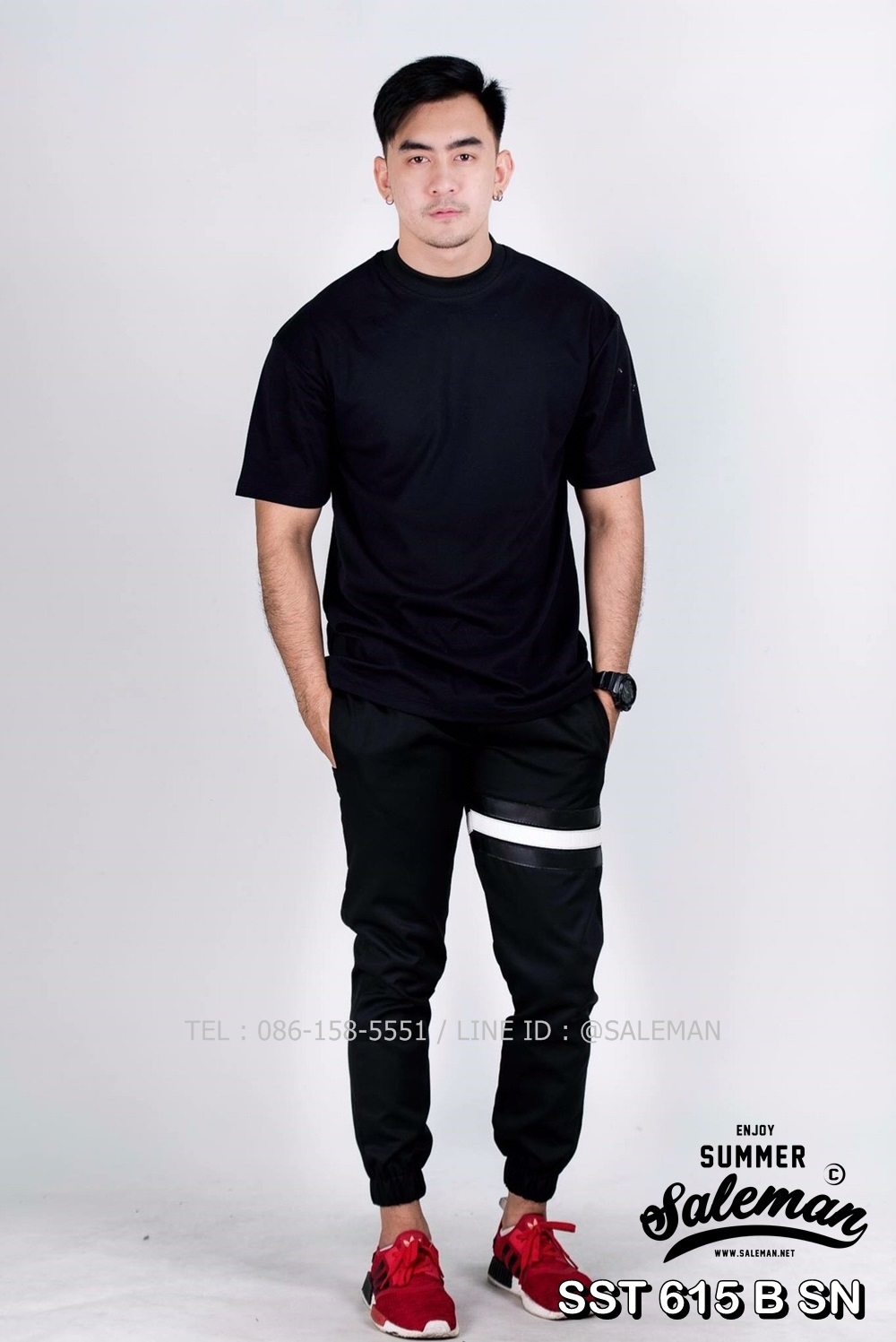 กางเกง JOGGER พรีเมี่ยม ผ้า COTTON รหัส SST 615 B SN สีดำ แถบดำงู SUMMER SALE