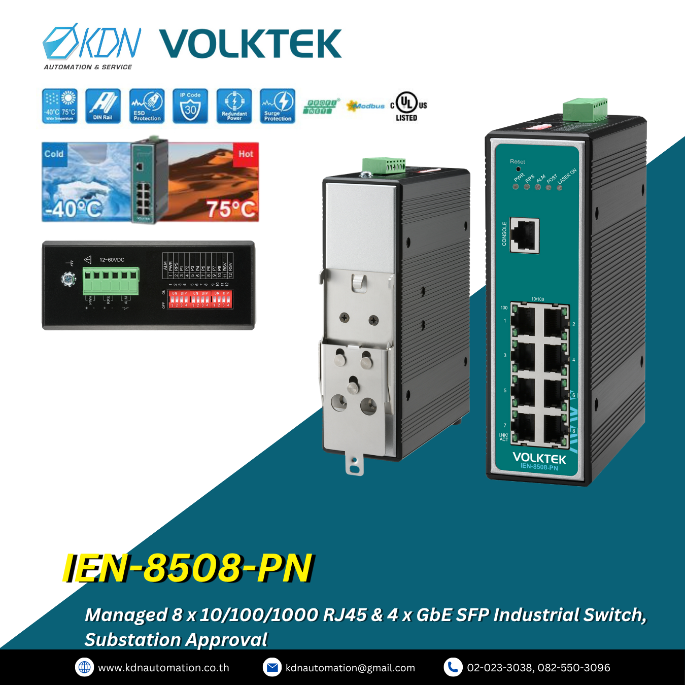IEN-8508-PN Volktek Managed 8 x 10/100 RJ45 Industrial Switch, PROFINET Compliance
