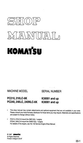 KOMATSU PC210-8 / PC210LC-8 คู่มือซ่อม KOMATSU รุ่น PC210-8 PC210LC-8 PC210NLC-8 PC230NHD-8 PC240LC-8 PC240MLC-8