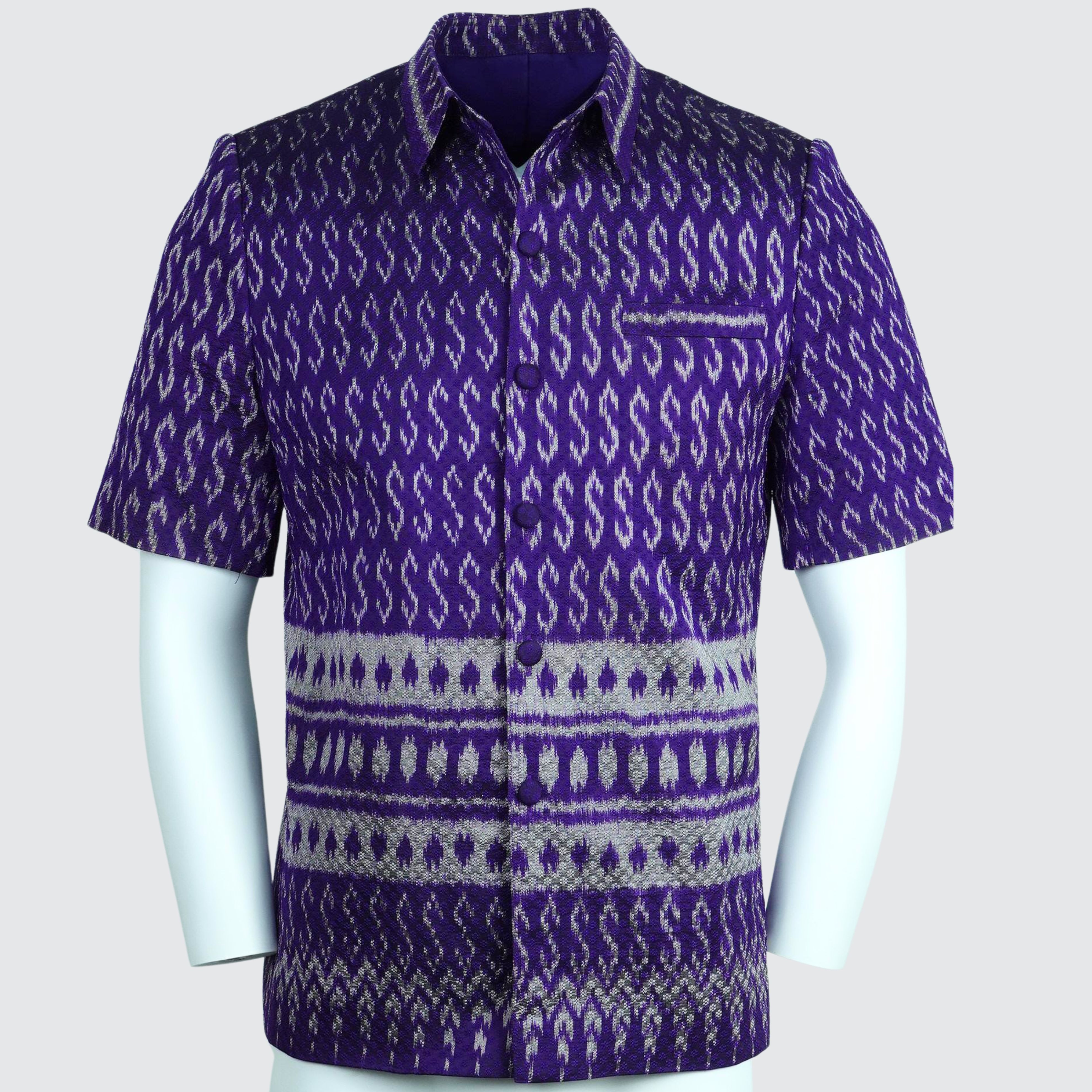 เสื้อสูทซาฟารี แขนสั้น ไหมมัดหมี่6ตะกอ สีเคมี | ตัดเย็บตามรูปร่าง | เลือกสีผ้า ส่งไซส์ได้