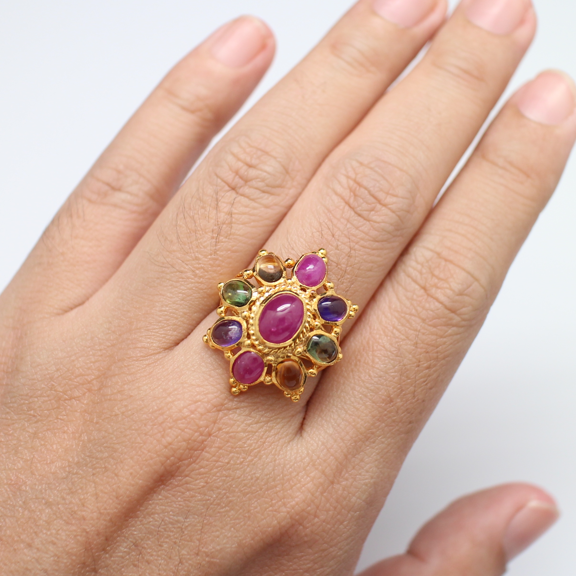 RG250110 แหวนพลอยหลากสียอดทับทิม ทองแท้ 90% นน.รวม 7.8 กรัม ขนาดแหวน 55