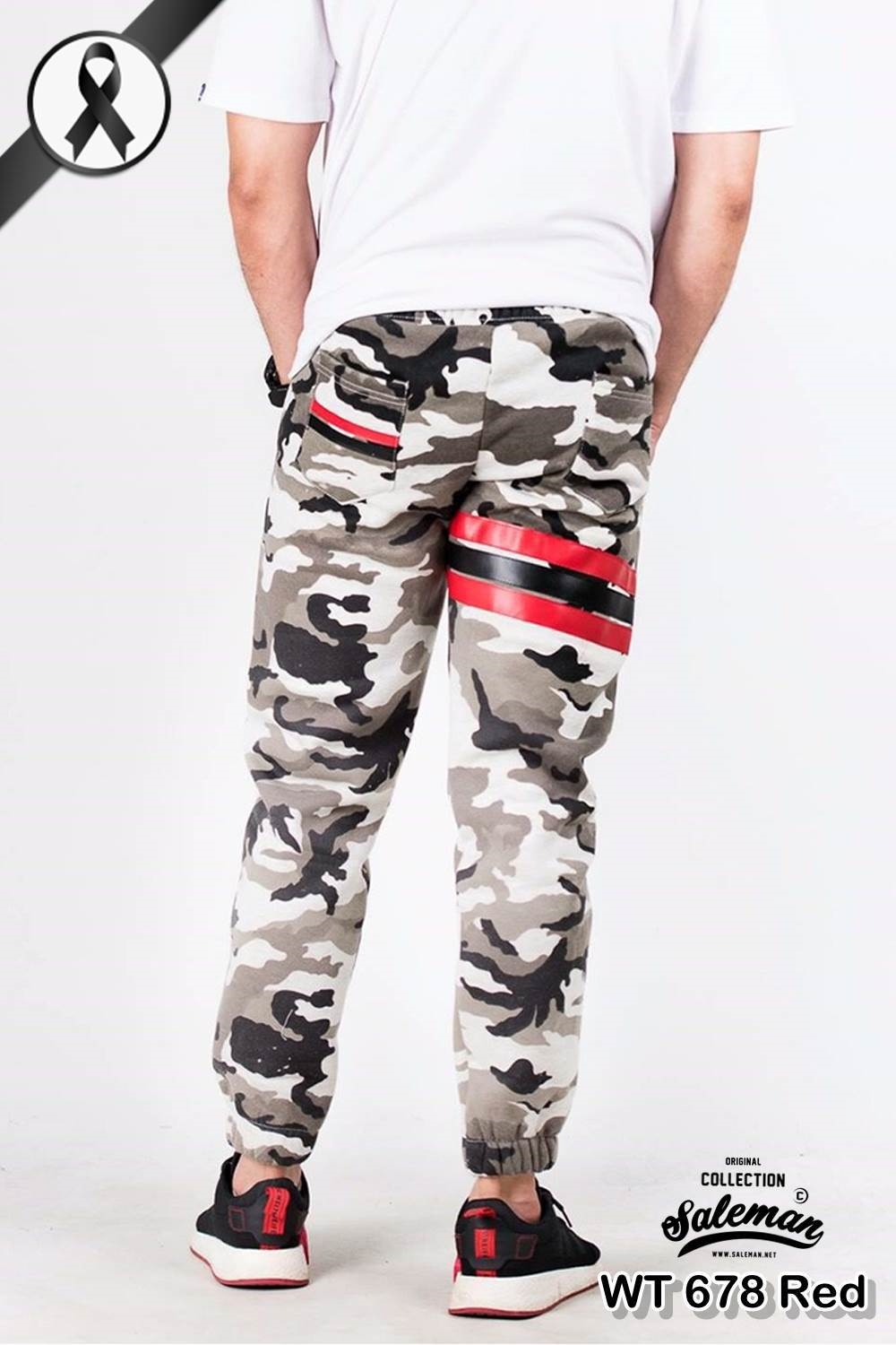 กางเกง jogger ขาจั๊ม ผ้าวอร์ม WT 678 Red ลายทหาร แถบแดง