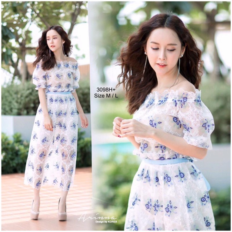 Set 2ชิ้น เสื้อปาดไหล่+กระโปรง ลูกไม้ฉลุลาย BorichTa TW3098