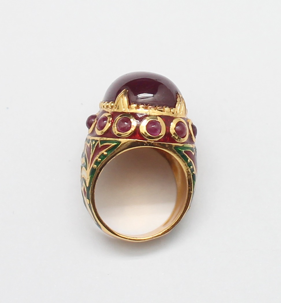 SI196 แหวนทับทิมล้อมทับทิมทรงมอญลงยาพื้นเขียว เงินแท้ 92.5% ชุบทอง นน. 17.5 กรัม Size 54