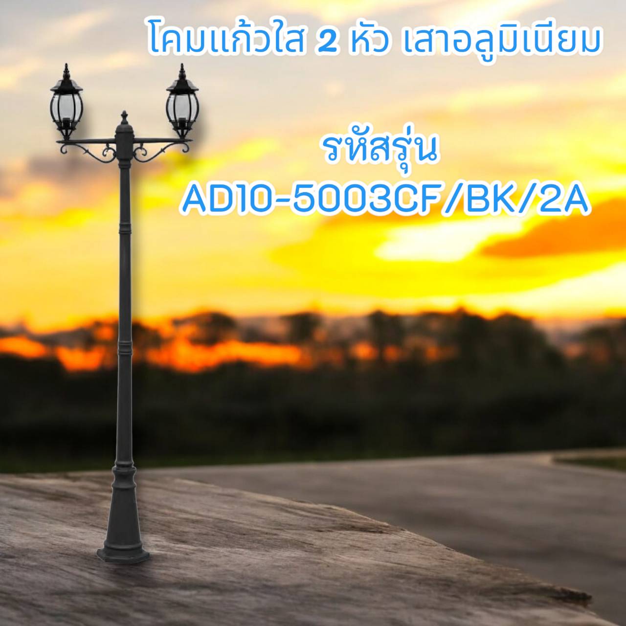 โคมแก้วใส 2 หัว เสาอลูมิเนียม รหัสรุ่น AD10-5003CF/BK/2A