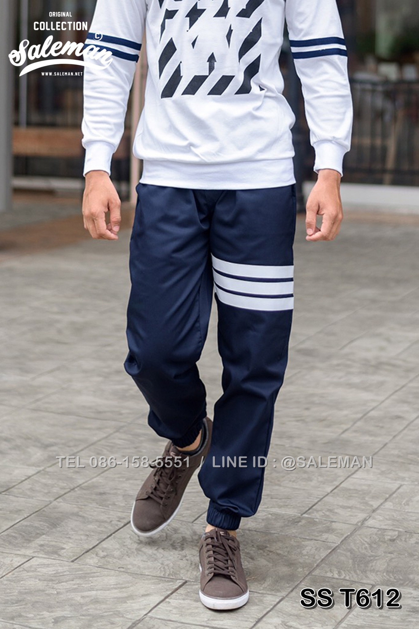 กางเกง JOGGER พรีเมี่ยม ผ้า COTTON รหัส SS T612 W สีกรม แถบขาว