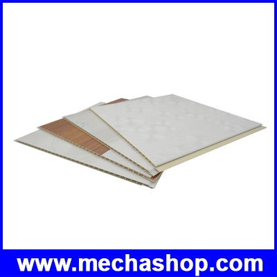 PVC Wall Panel แผ่นไม้เทียมตกแต่งบ้าน ตกแต่งผนัง ฝ้าเพดาน สีสักทอง Lock Type ขนาด 400x8x2800mm วัสดุ Pvc Resin & Calcium Powder