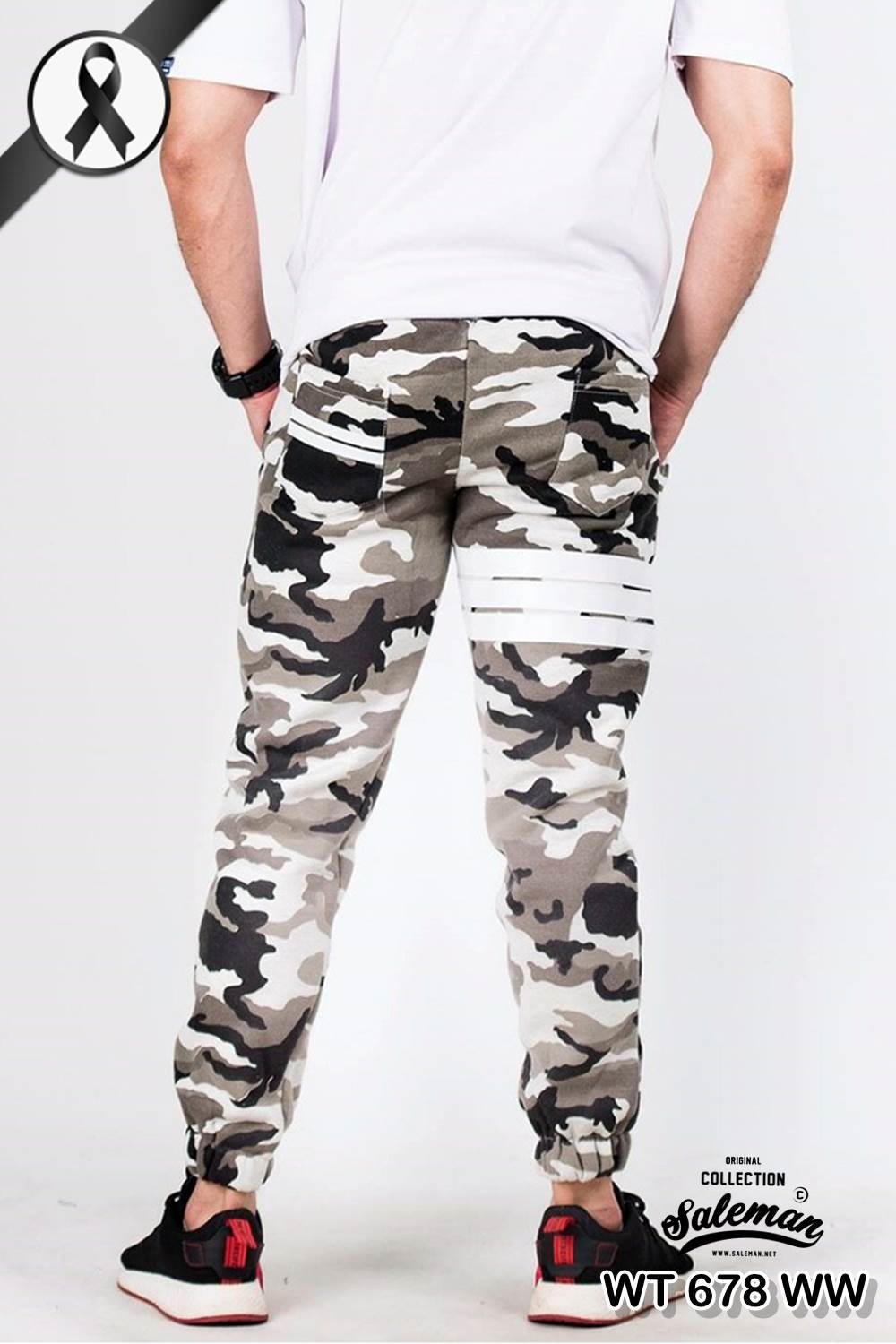 กางเกง jogger ขาจั๊ม ผ้าวอร์ม WT 678 WW ลายทหาร แถบขาว SUMMER SALE