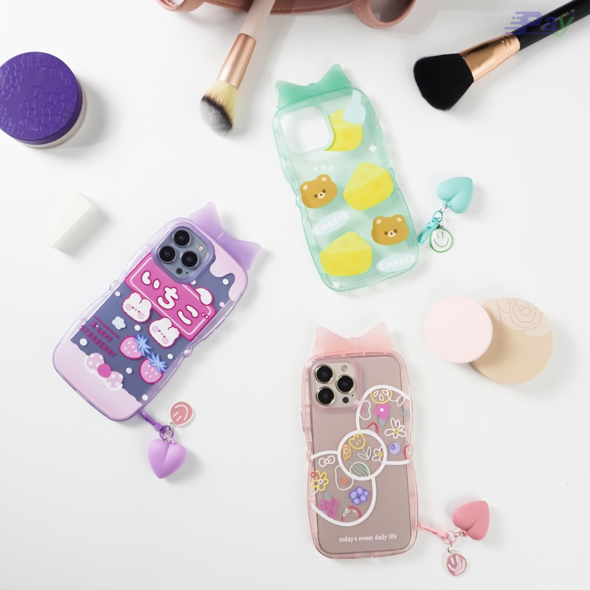 เคสโทรศัพท์ iPhone เคสมีโบว์ พร้อมพวงกุญแจรูปหัวใจ กันกระแทก สำหรับ11/12/12Pro/13/13ProMax