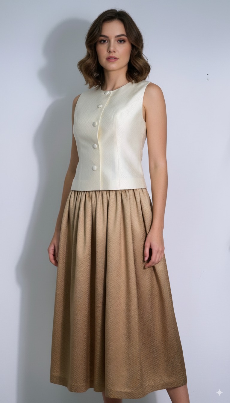 เสื้อแขนกุดยกดอกสีครีม+กระโปรงจับจีบพลีสเนื้อยกดอก | ตัดเย็บตามรูปร่าง | เลือกผ้า ส่งไซส์ได้