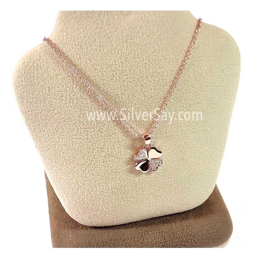 จี้ใบโคลเวอร์ Clover 4 ฝังเพชรสวิส/สลับเกลี้ยง/10มม./สีทองชมพูโรสโกลด์