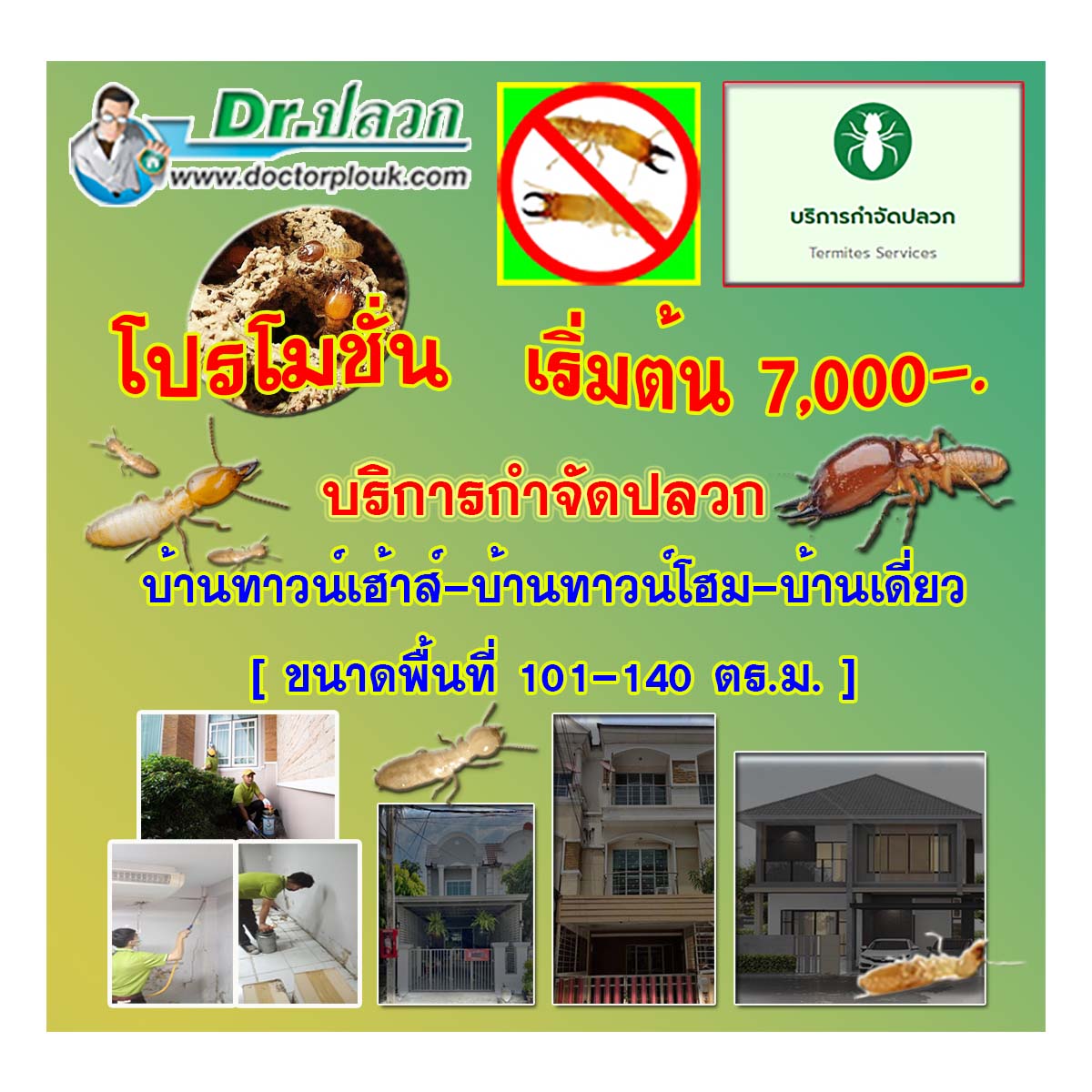 Dr.ปลวก [บริการกำจัดปลวก] บ้านทาวน์เฮ้าส์-บ้านทาวน์โฮม-บ้านเดี่ยว (ขนาดพื้นที่ 101-140 ตร.ม.)