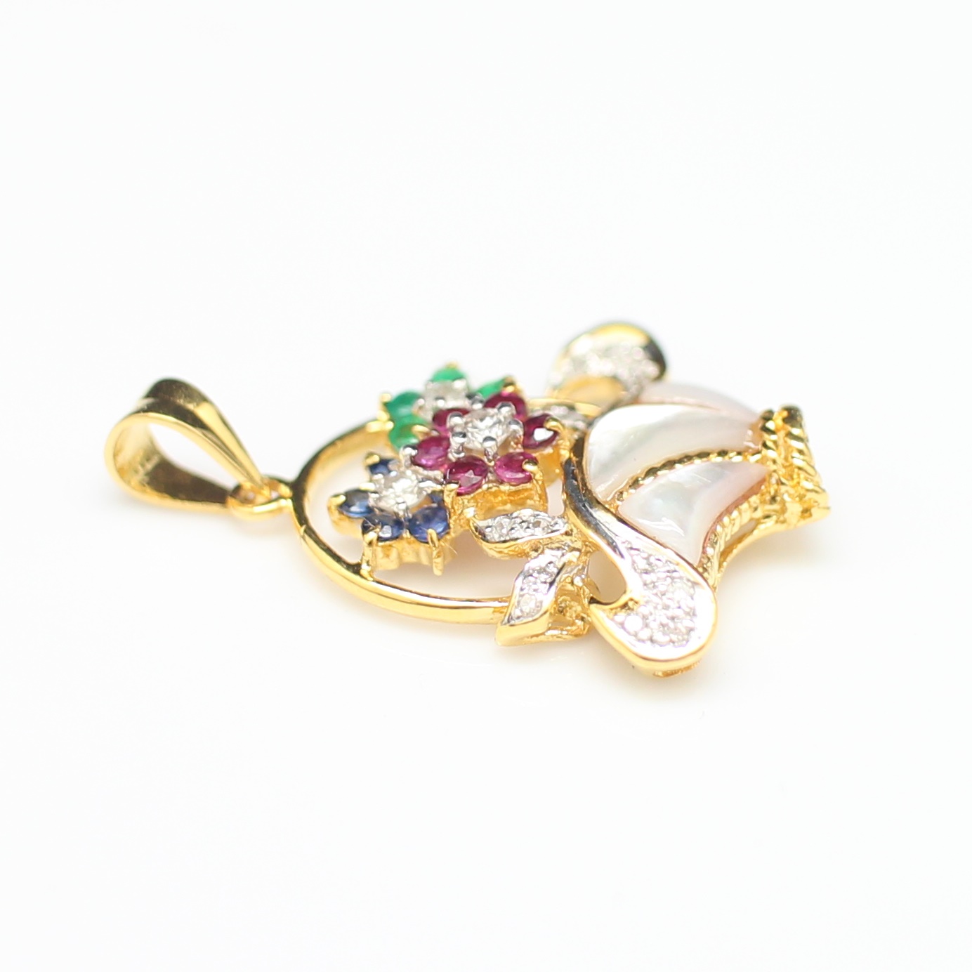 PD25128 จี้กระเช้าดอกไม้พลอยหลากสี เพชรแท้ 0.10 กะรัต ทองแท้ 18k นน.รวม 3.3 กรัม งานน่ารักมาก