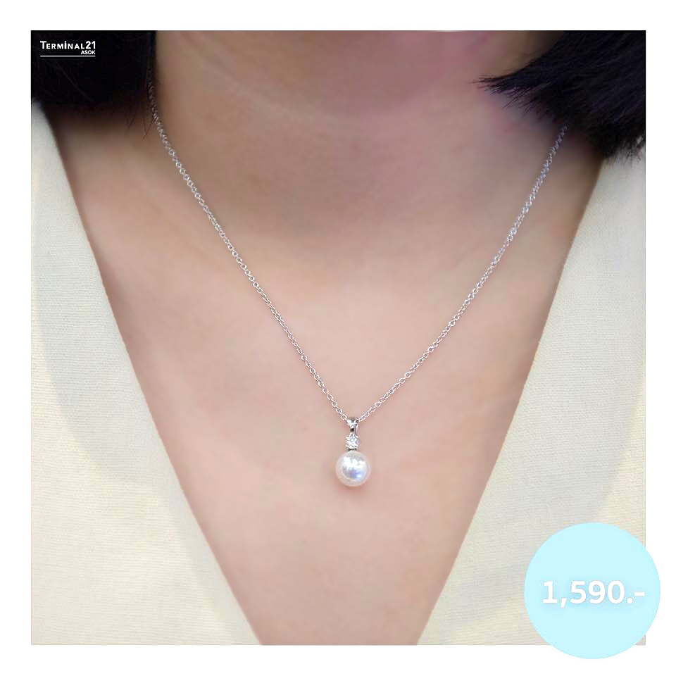 จี้ไข่มุกแท้ 8 มม. ฝังเพชรสวิส 3 มม. 1 เม็ด