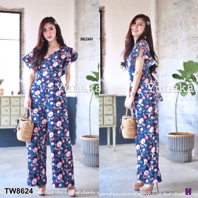 จั้มสูทลายดอกแขนระบาย TW8624