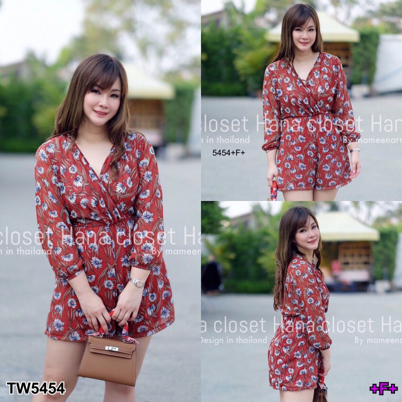 จั้มสูท #สาวอวบ คอวีไขว้อกแขนยาวลายดอก TW5454