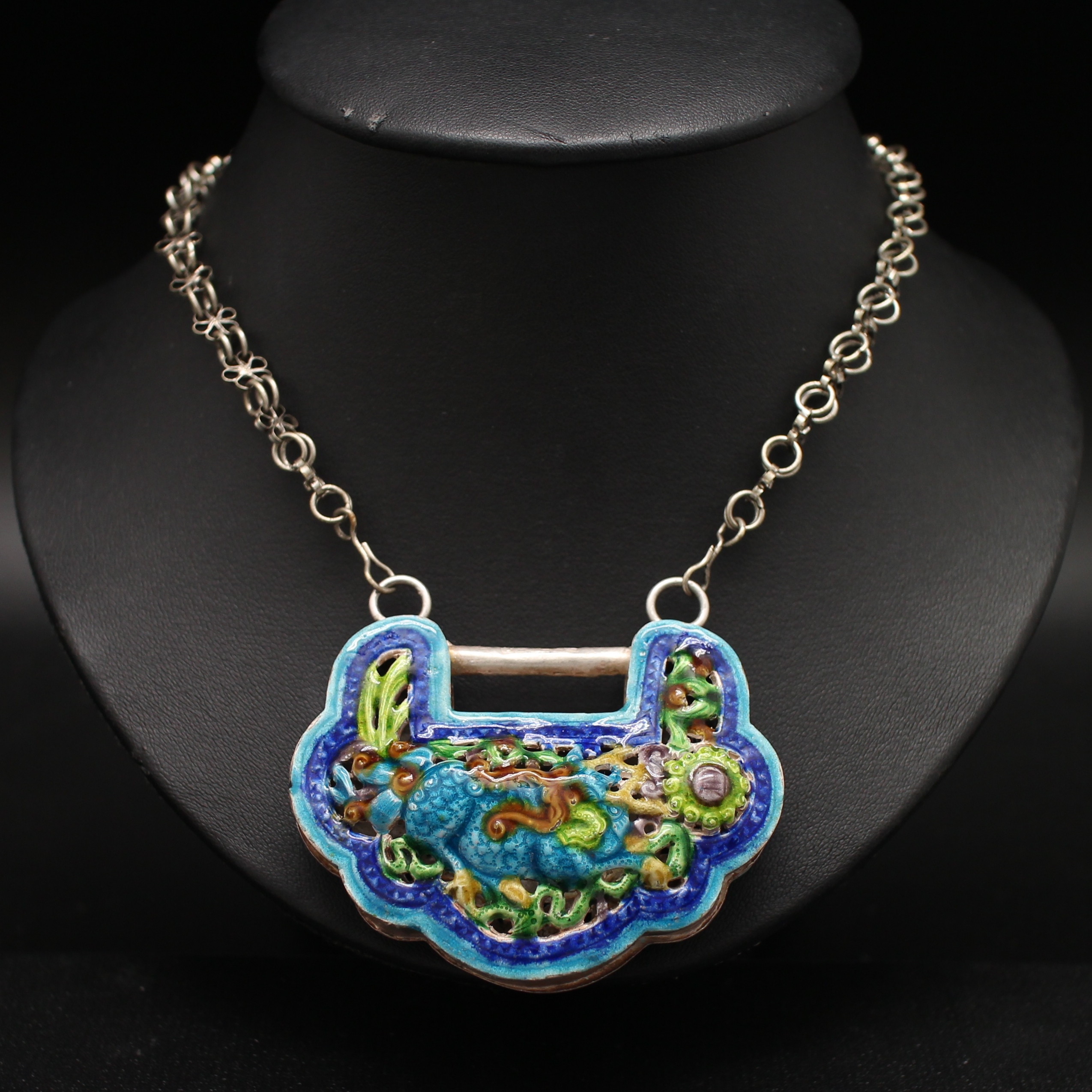 SI329 สร้อยคอ+จี้ กระเป๋าลงยางานเซียงไฮ้ เงินแท้ นน. 73.84 กรัม