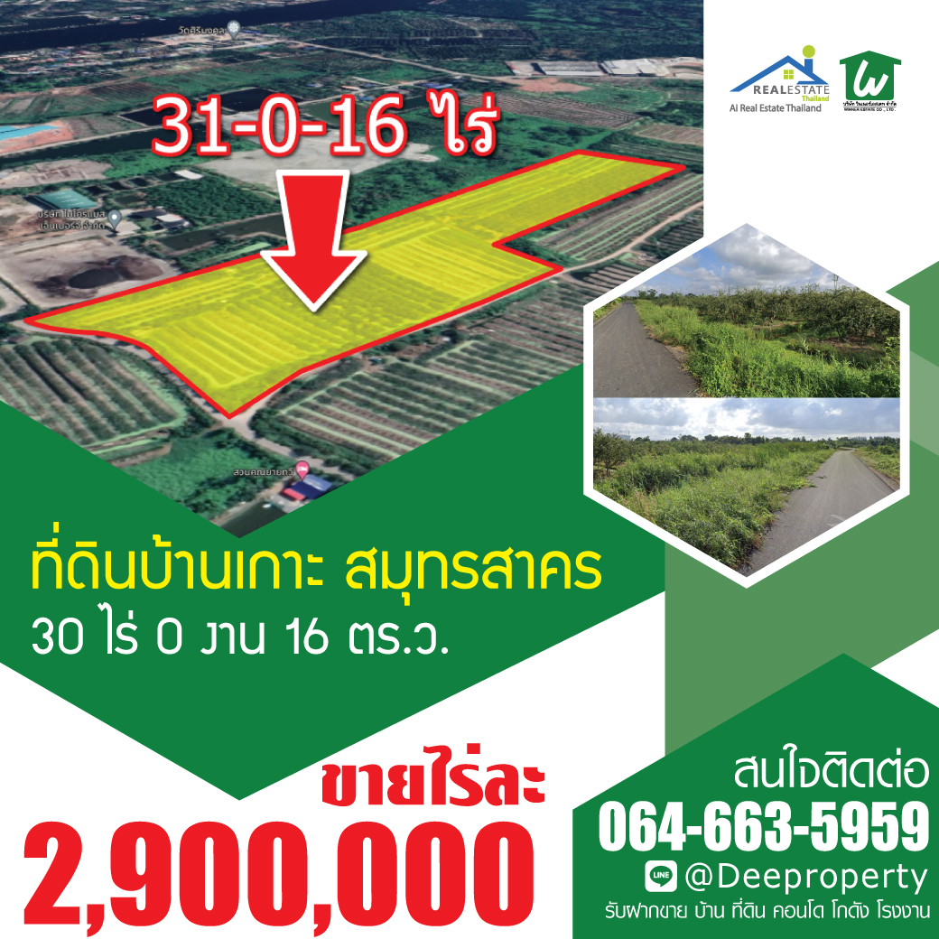 🏡ขายที่ดินราคาถูก‼🏡 บ้านเกาะ สมุทรสาคร 31 ไร่ ไร่ละ 2.9 ล้าน ถนนดำ กว้าง 145 เมตร ลึก 485 เมตร ผังสีเขียว เดินทางสะดวก เข้าออกได้หลายทาง