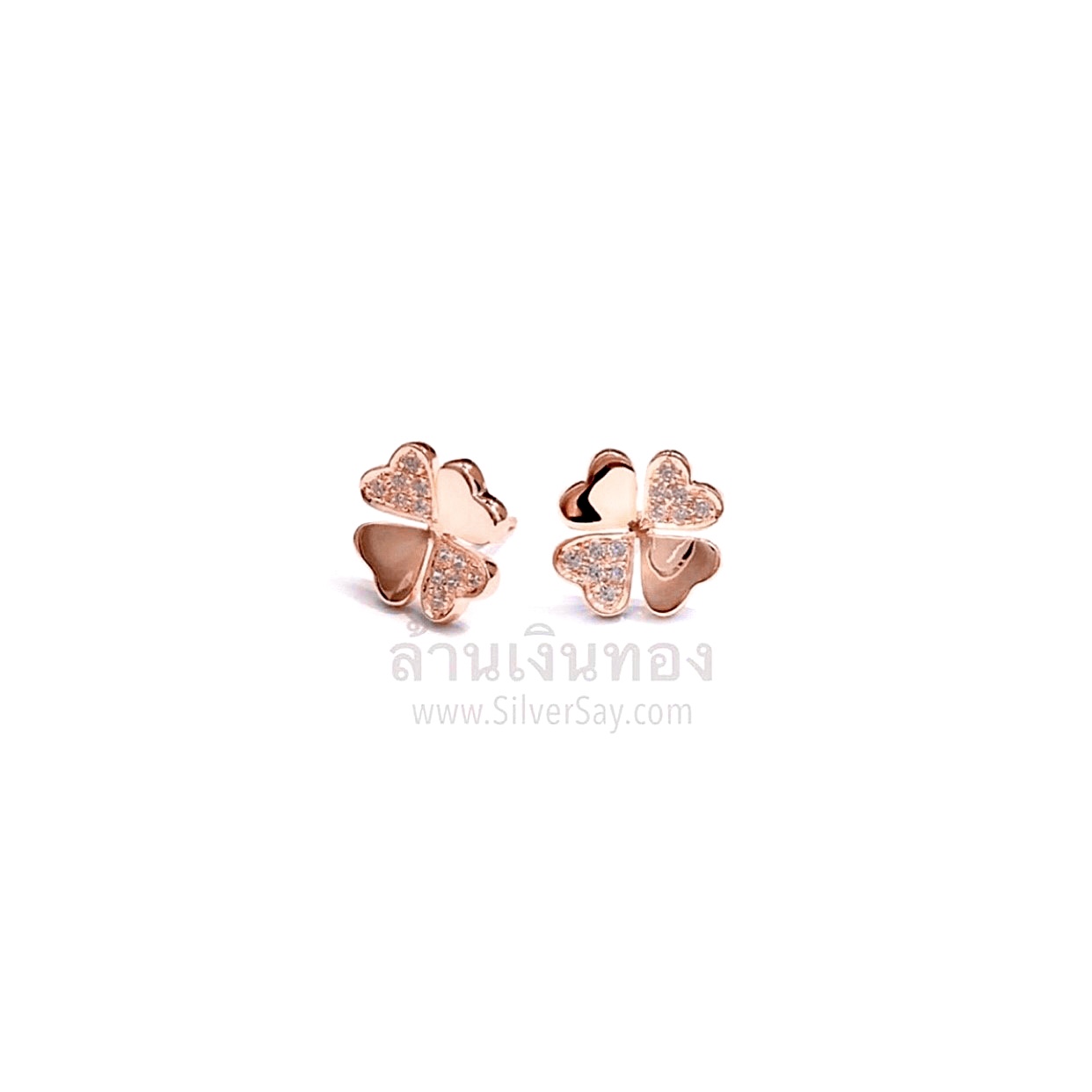 ต่างหูใบโคลเวอร์ Clover 4 ฝังเพชรสวิส/สลับเกลี้ยง/แบบก้าน/10 มม./สีทองชมพู