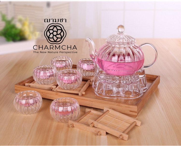 ชุดกาน้ำชาฟักทอง600ml 1ชุด มีตัวเลือกแก้ว2-6ใบ และที่กรองชา1ใบ แก้ววางบนเตาความร้อนได้ ฌามชา charmcha