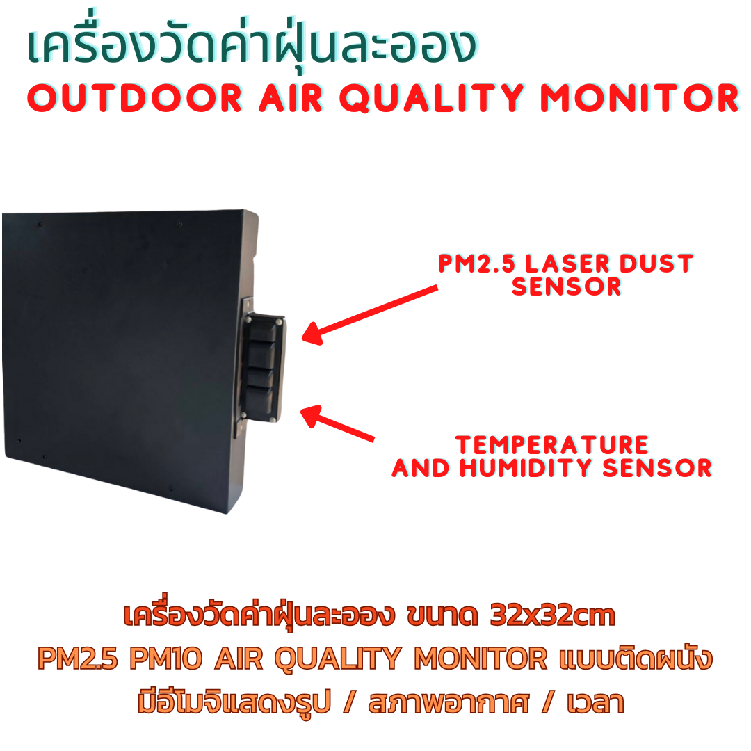 Outdoor 32x32cm เครื่องวัดค่าฝุ่นละออง PM2.5 PM10 AIR QUALITY MONITOR แบบติดผนัง มีอีโมจิแสดงรูป สภาพอากาศ พร้อมตัวเลขเปลี่ยนสีได้