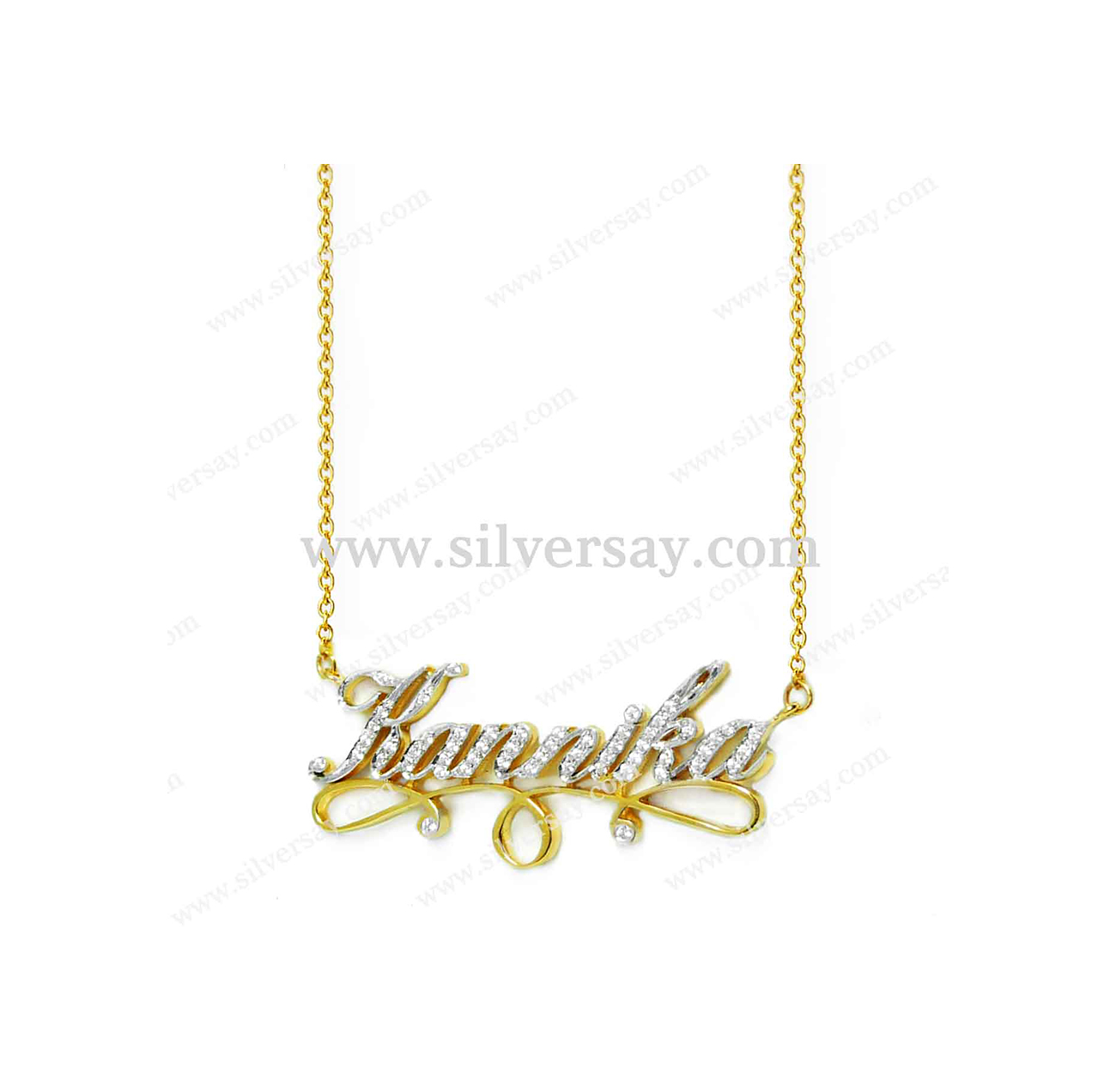 จี้ชื่อ-สร้อยชื่อ "Kannika" ฝังเพชรสวิส เงินแท้ 925 ชุบทองคำ22k