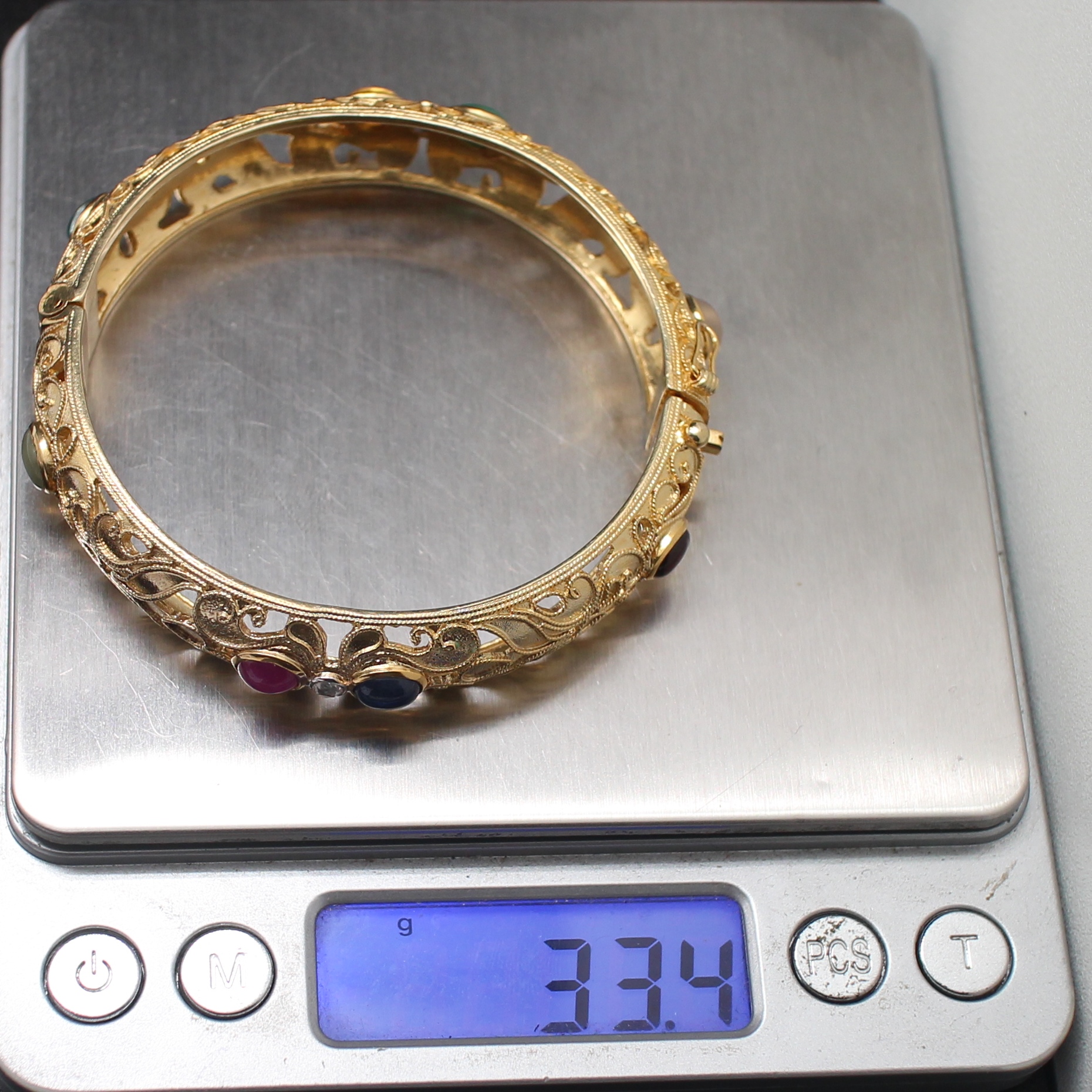 SI263 กำไลนพเก้าฉลุลาย เงินแท้ชุบทอง นน. 33.4 กรัม เส้นผ่านศูนย์กลาง 5.7 ซม.