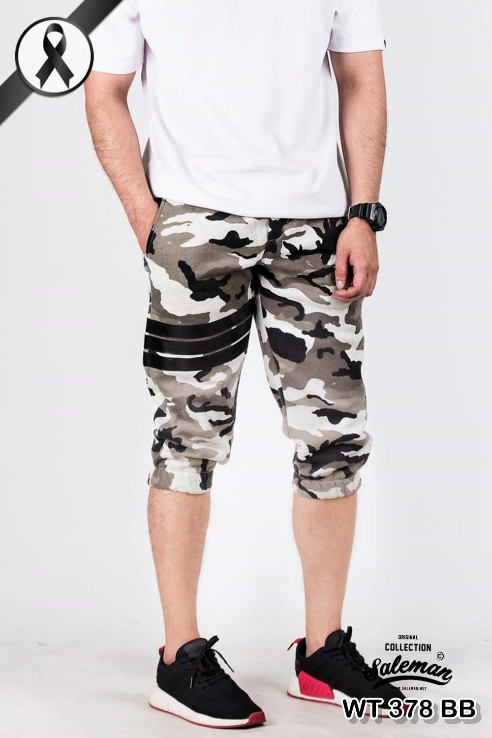 กางเกง Jogger ขาจั๊ม สามส่วน ผ้าวอร์ม WT378 ฺฺBB ลายทหาร แถบดำ