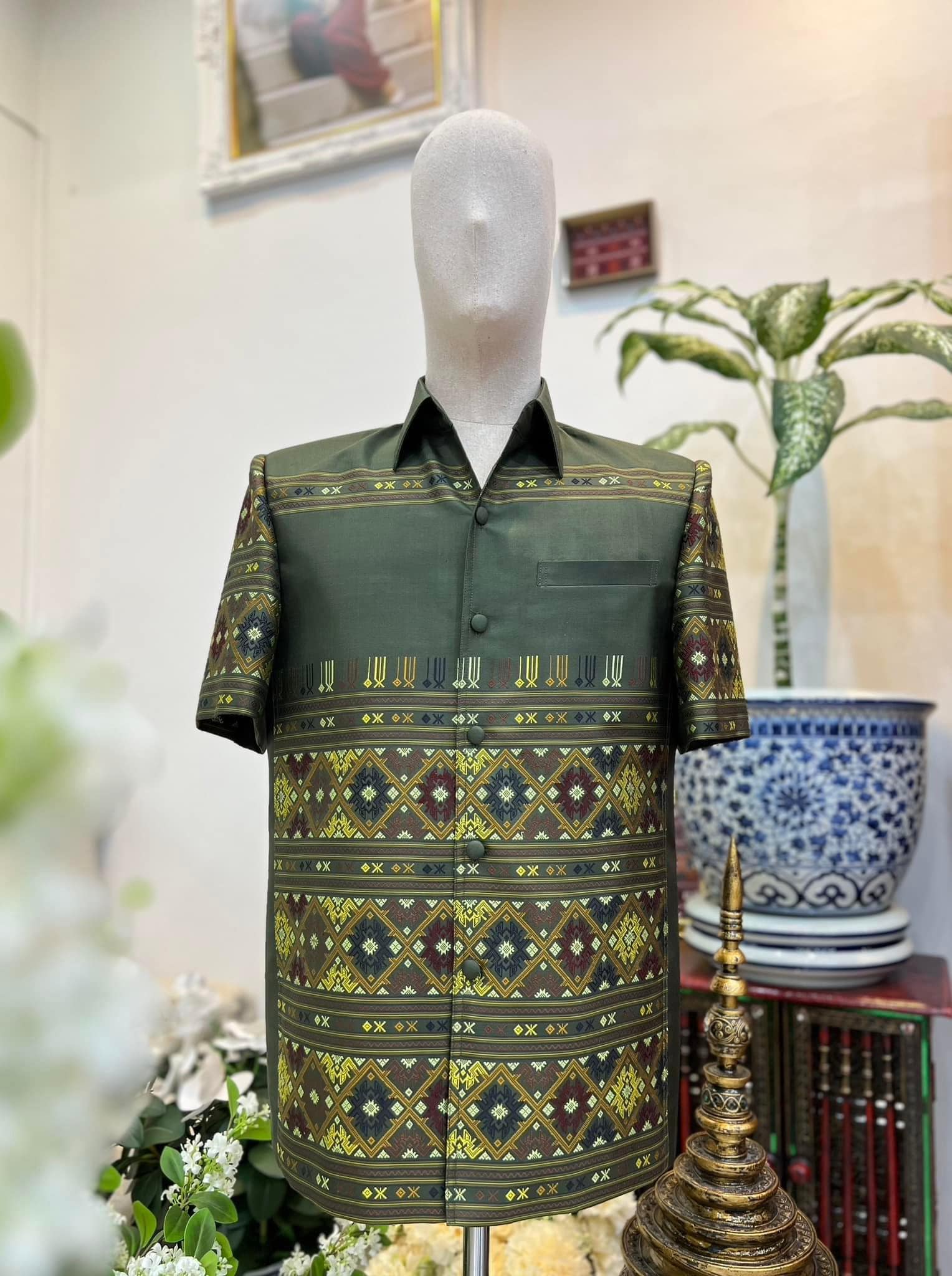 เสื้อสูทไหมแพรวา ลายเกาะ แขนสั้น สีเทา เลือกไซส์ รหัส DR-BM-03276708582