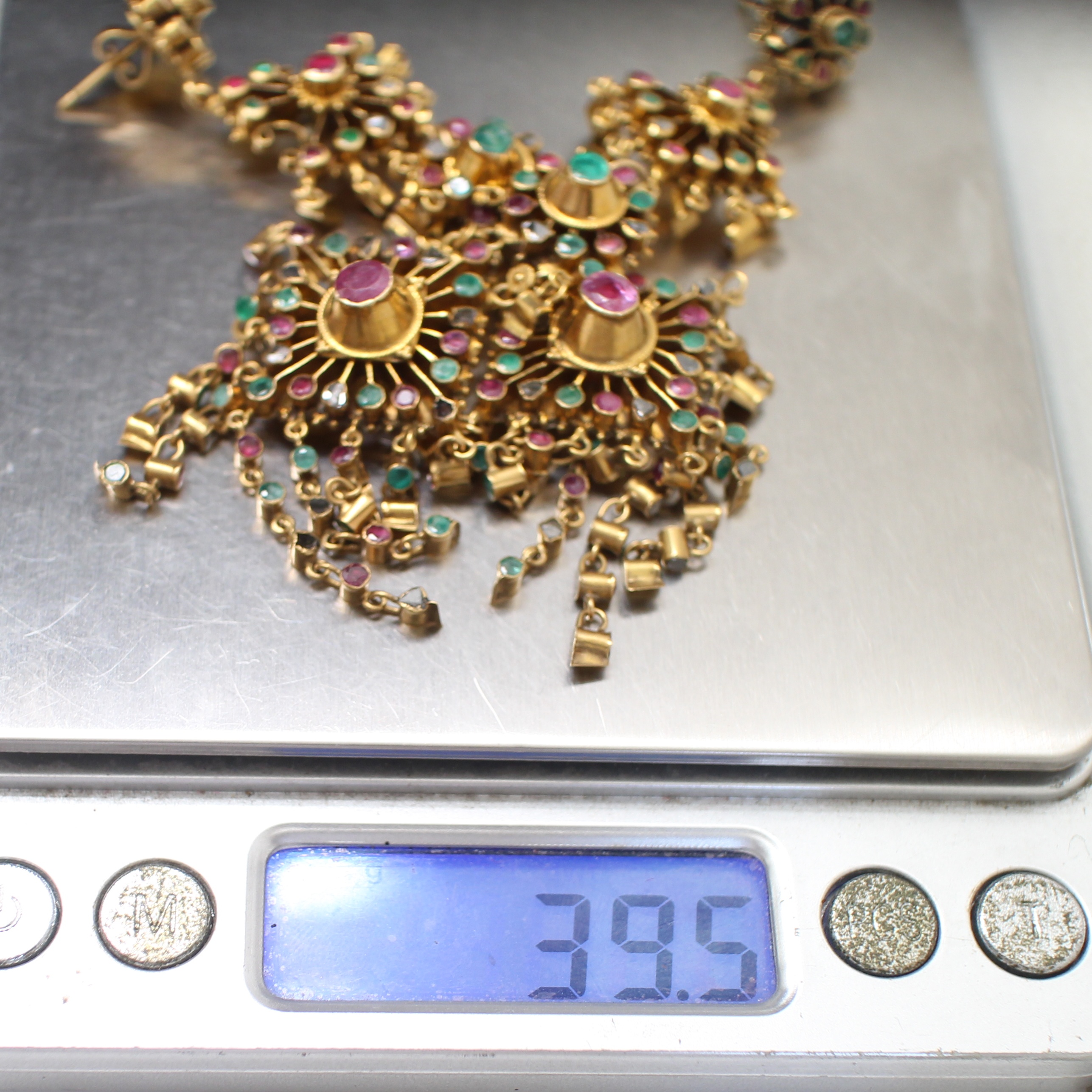 ER25358 ต่างหูระย้าสามสี ทับทิม มรกต เพชรซีก ทองแท้ 90% นน.รวม 39.5 กรัม คู่ใหญ่ งานเก่า สวย