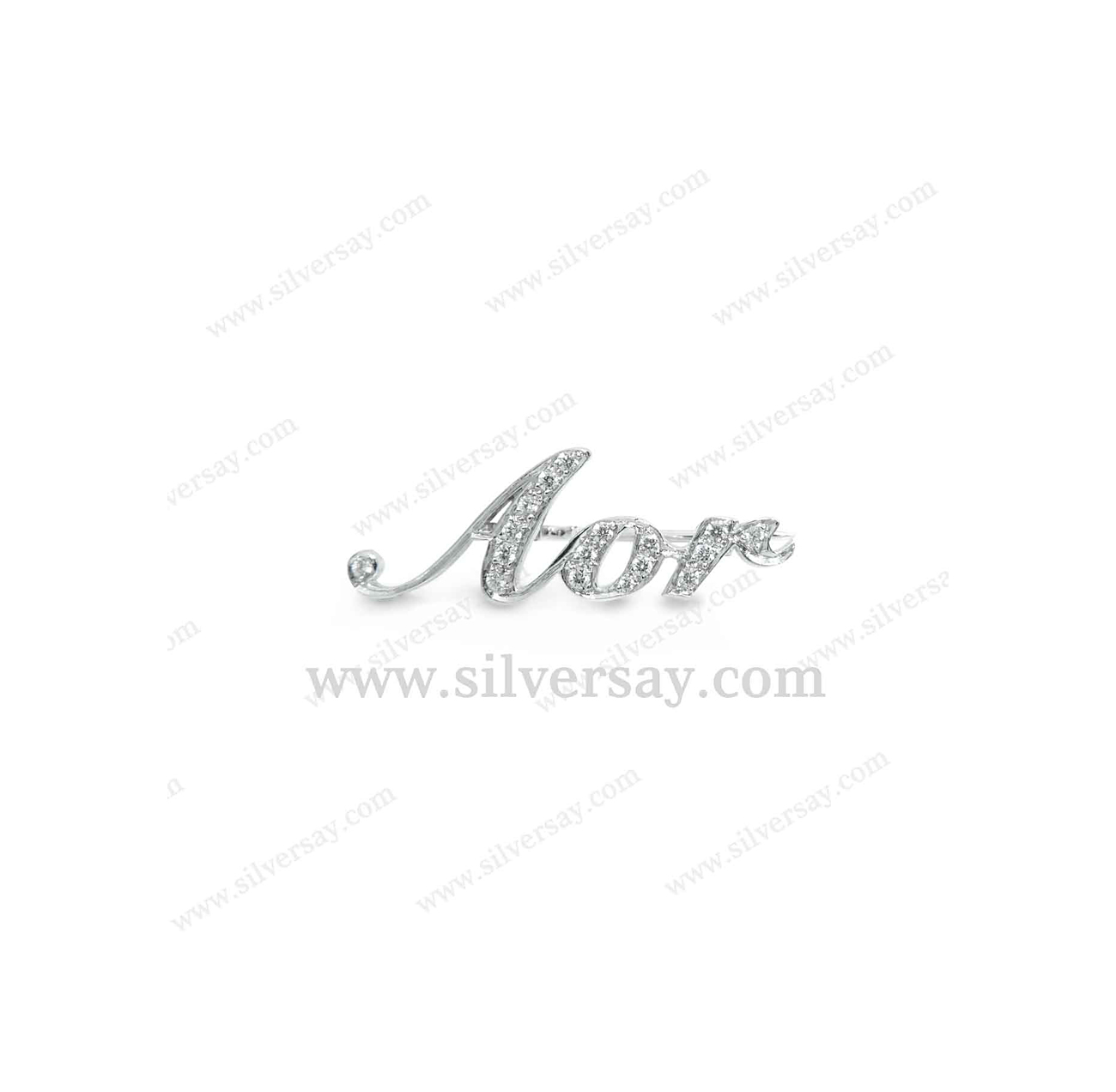 เข็มกลัดอักษรชื่อ "Aor" ฝังเพชรสวิส เงินแท้ 925 ชุบทองคำขาว