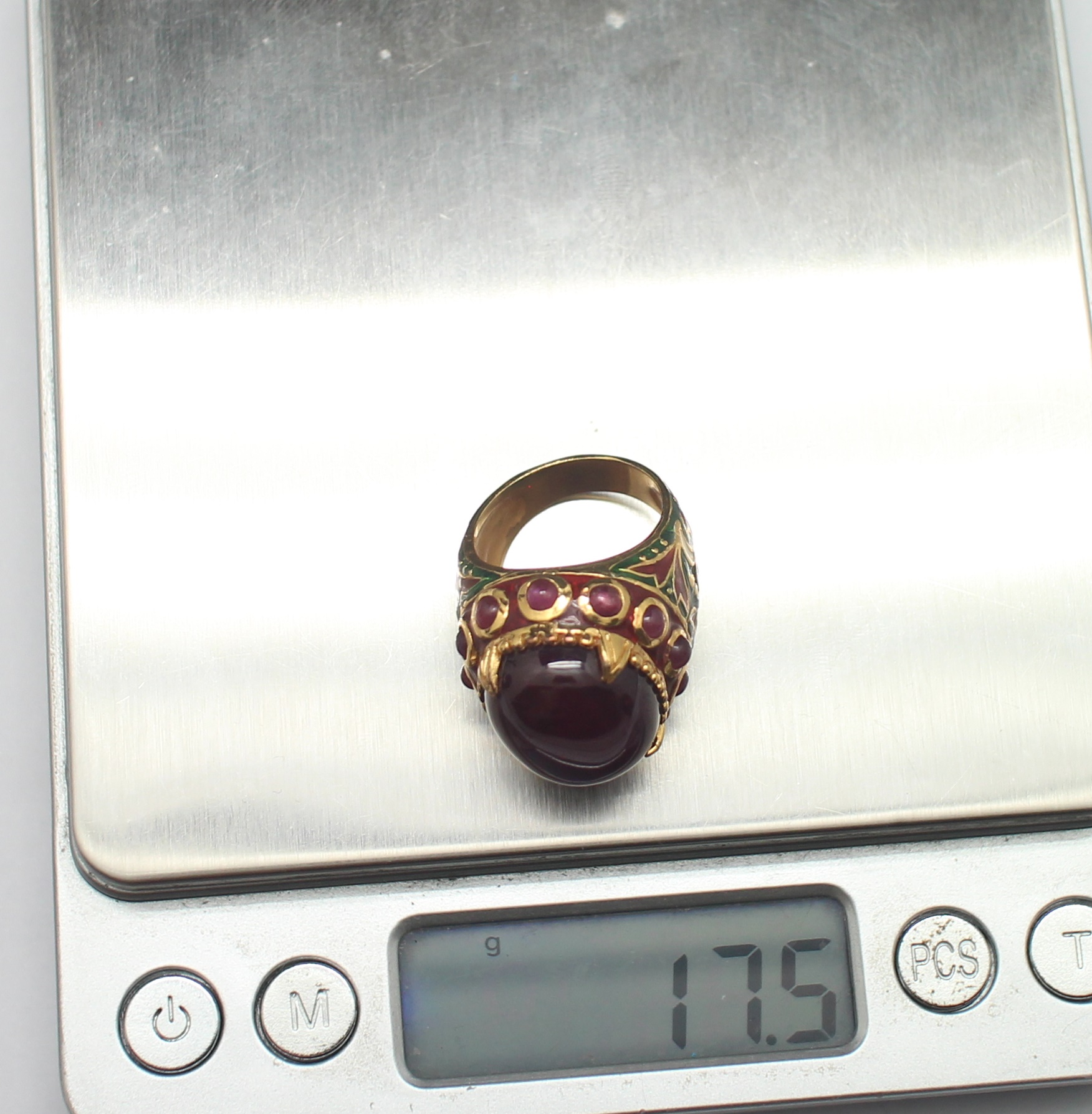 SI196 แหวนทับทิมล้อมทับทิมทรงมอญลงยาพื้นเขียว เงินแท้ 92.5% ชุบทอง นน. 17.5 กรัม Size 54