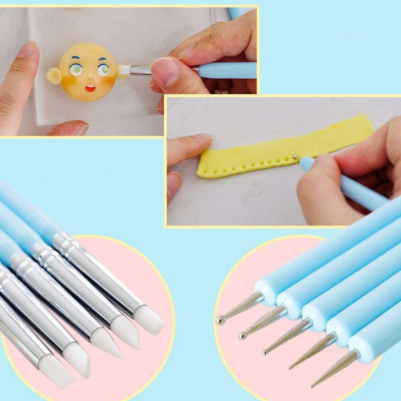 พู่กัน2in1 หัวยางซิลิโคน และ หัวกลมสแตนเลส ไม้ดอททำลายจุด 5แท่ง/เซต