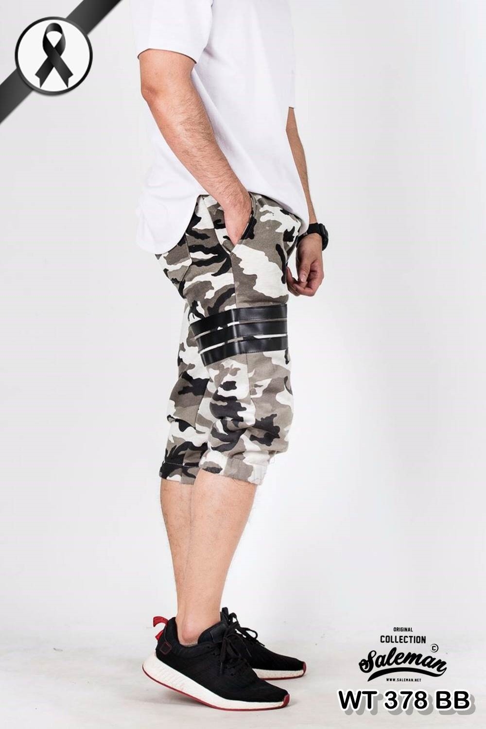 กางเกง Jogger ขาจั๊ม สามส่วน ผ้าวอร์ม WT378 ฺฺBB ลายทหาร แถบดำ