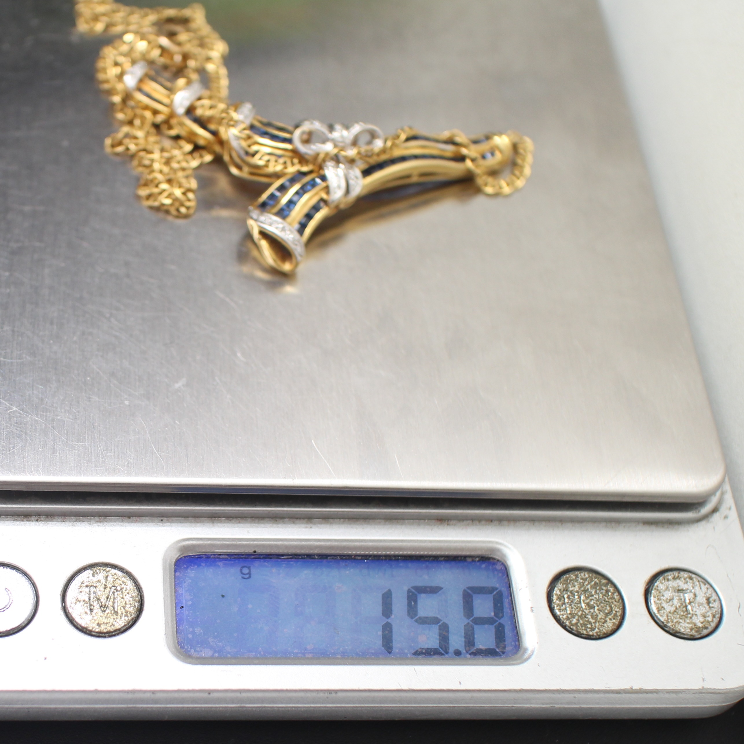 NL25111 สร้อยคอไพลินประดับเพชร เพชรแท้ 37 เม็ด 0.37 กะรัต ทองแท้ 18k นน.ณวม 15.8 กรัม ยาว 17.5 นิ้ว