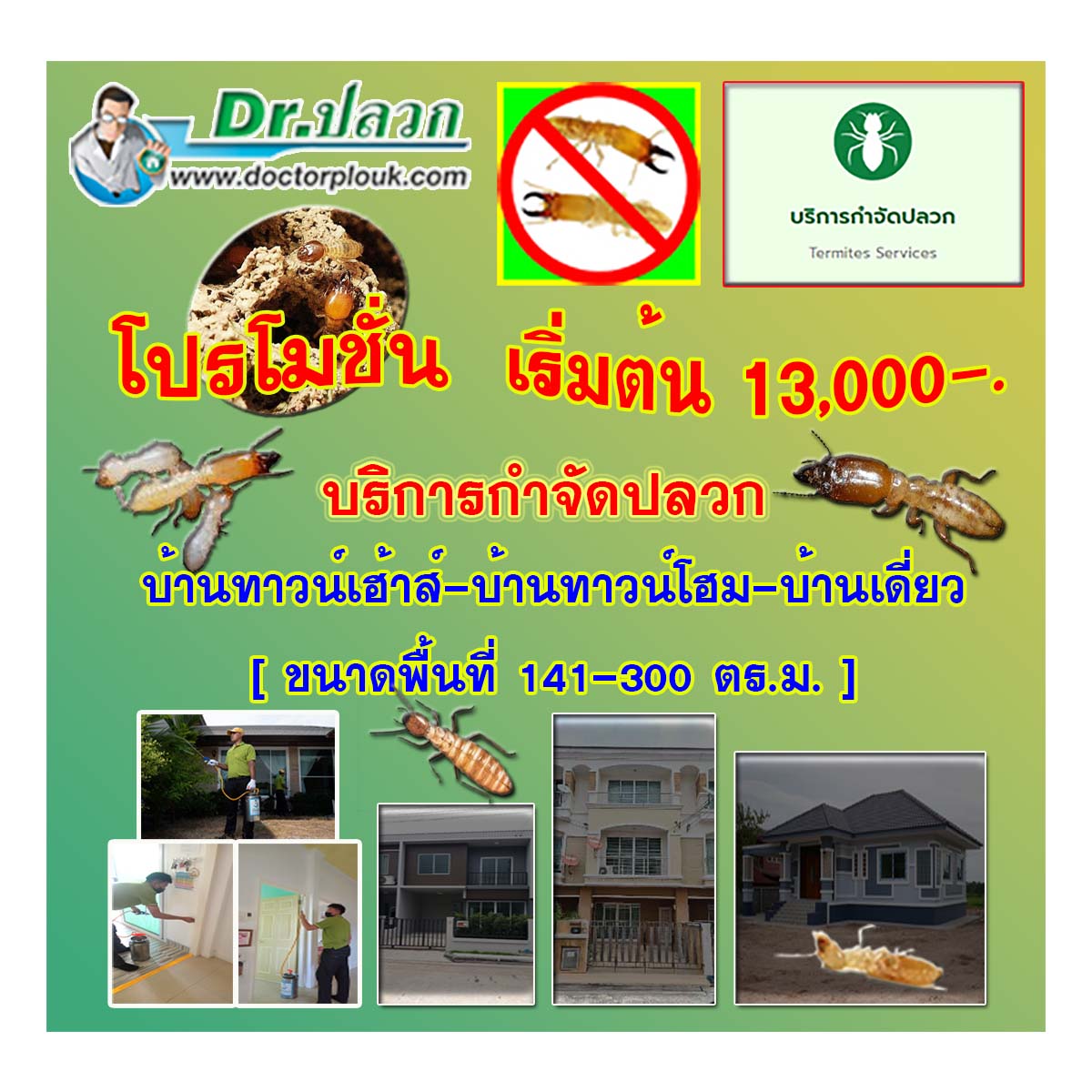 Dr.ปลวก [บริการกำจัดปลวก] บ้านทาวน์เฮ้าส์-บ้านทาวน์โฮม-บ้านเดี่ยว (ขนาดพื้นที่ 141-300 ตร.ม.)