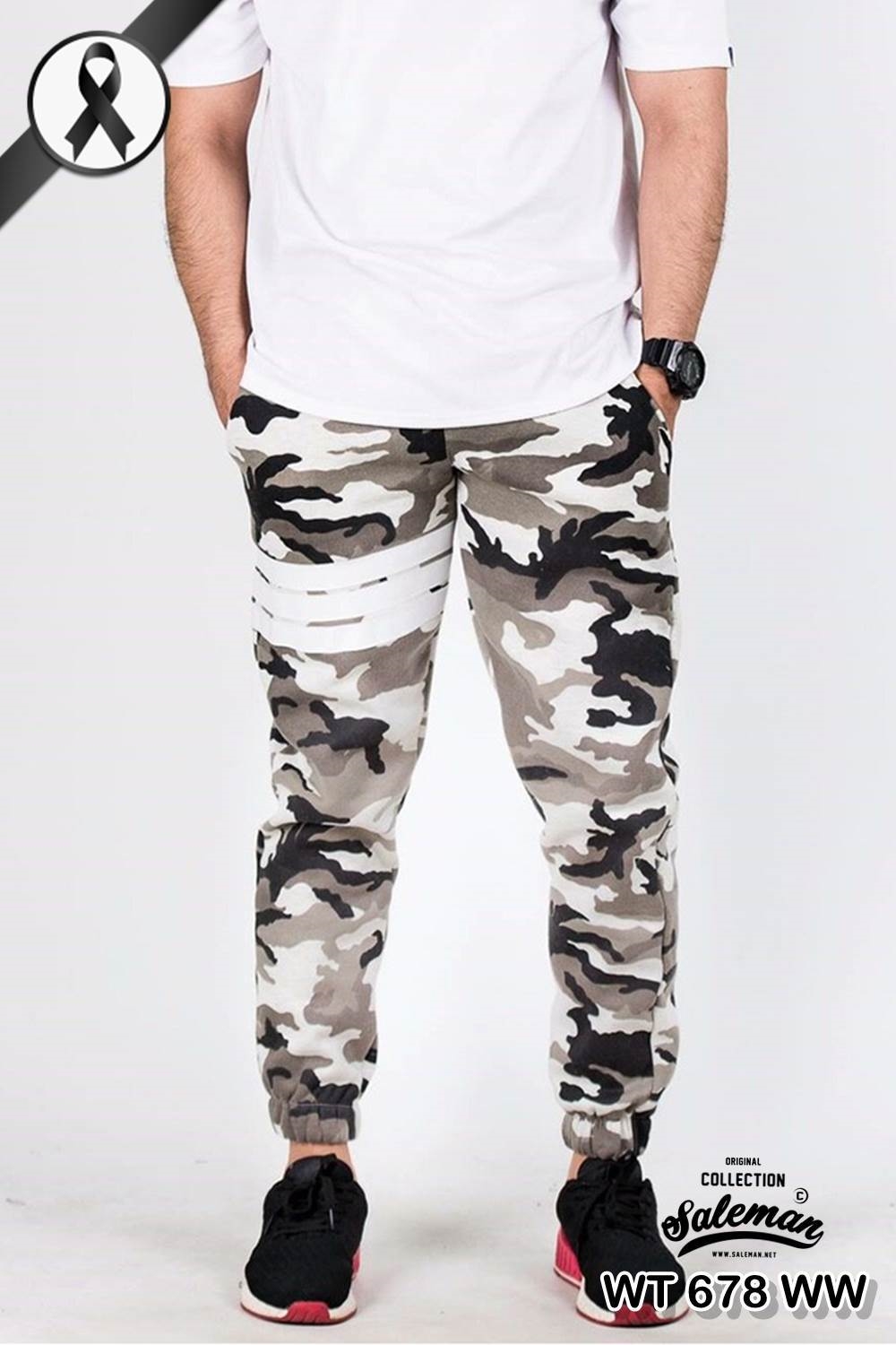 กางเกง jogger ขาจั๊ม ผ้าวอร์ม WT 678 WW ลายทหาร แถบขาว SUMMER SALE