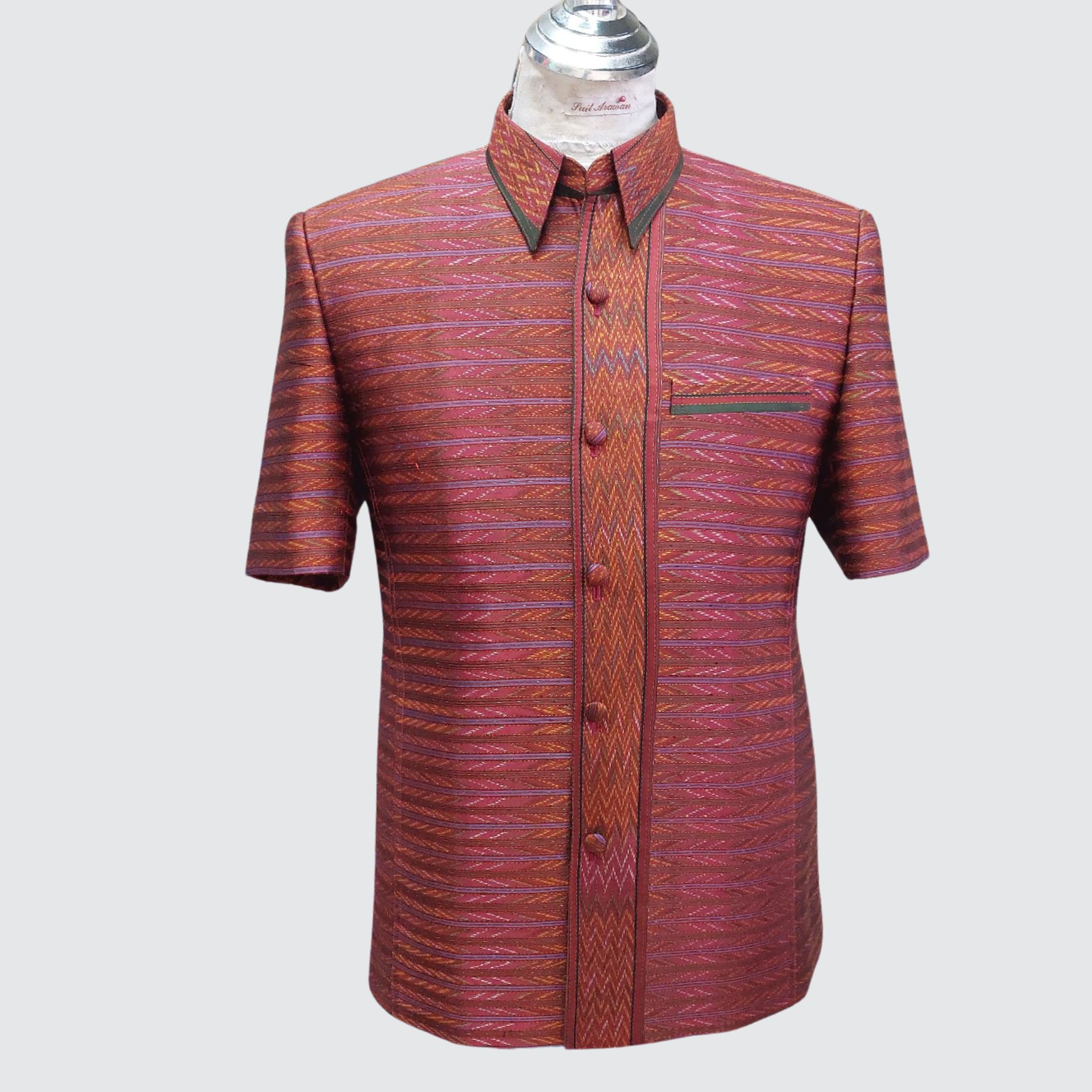 เสื้อสูทซาฟารี แขนสั้น ไหมมัดหมี่ลายโฮลบรรทัดสีธรรมชาติ | ตัดเย็บตามรูปร่าง | เลือกสีผ้า ส่งไซส์ได้