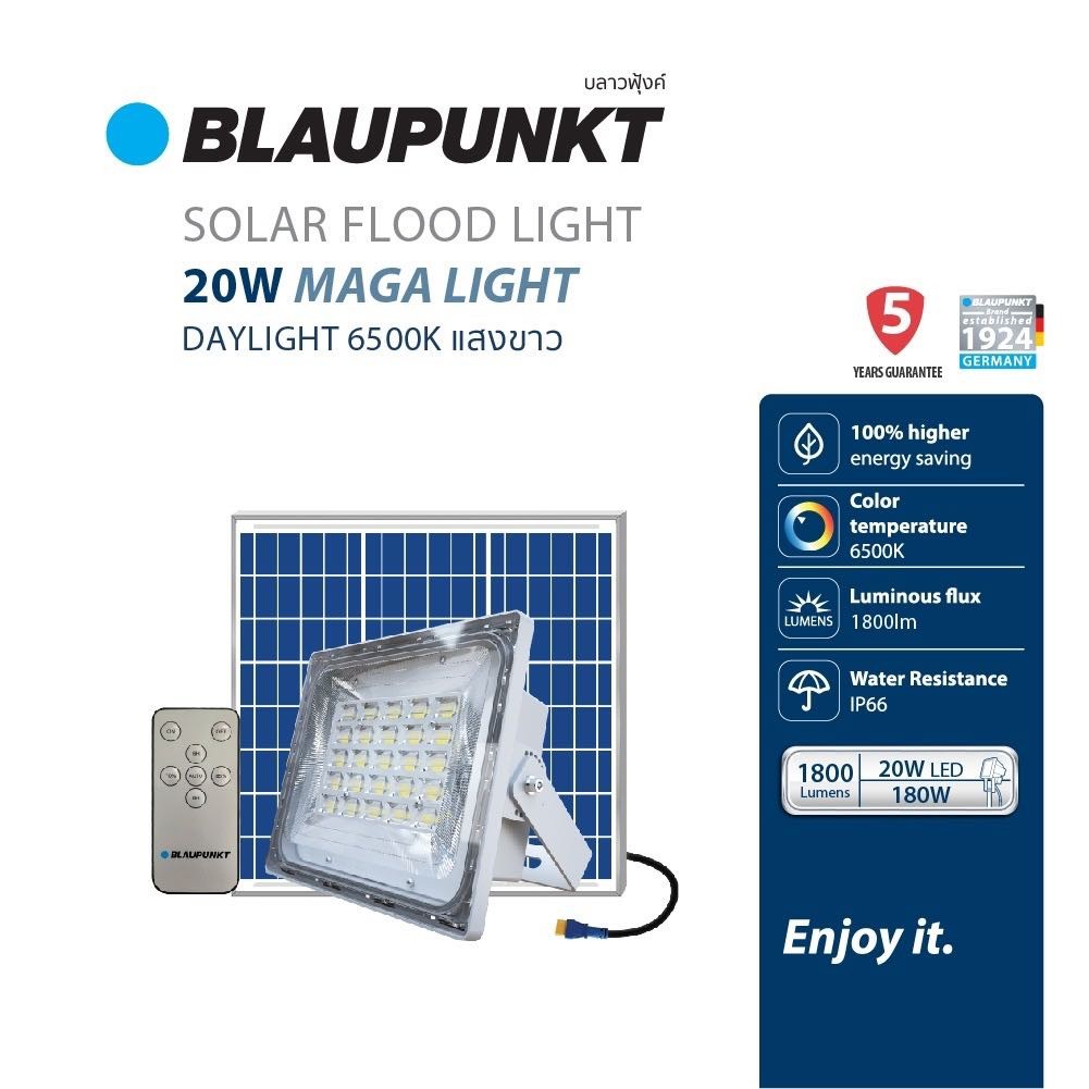 SF02-20DL 20W โคมไฟฟลัดไลท์โซล่า BLAUPUNKTLED Solar Flood Light MEGA LIGHT