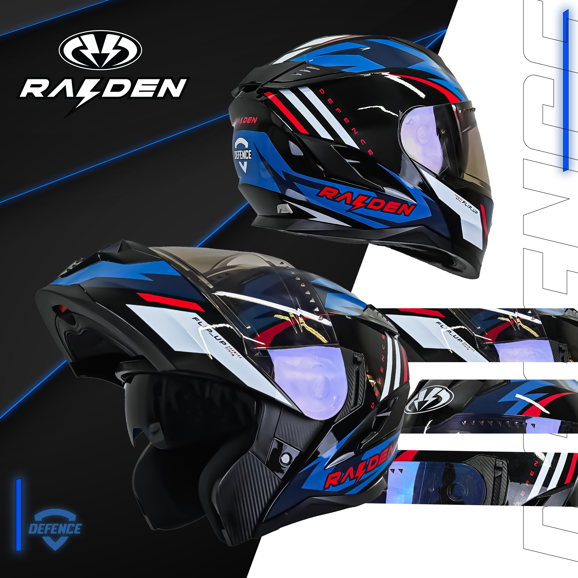 หมวกกันน็อคยกคาง RAIDEN รุ่น DEFENCE ลาย Mile Blue(Glossy)