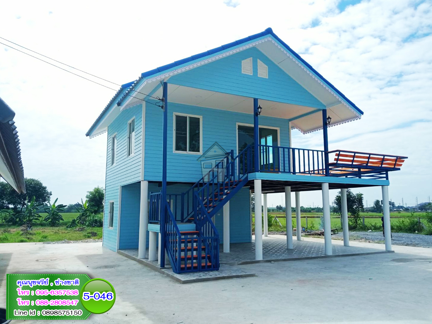 5-046 - บ้านน็อคดาวน์สองชั้นสีฟ้า - หลังใหญ่ - ทรงจั่วมุกซ้อน