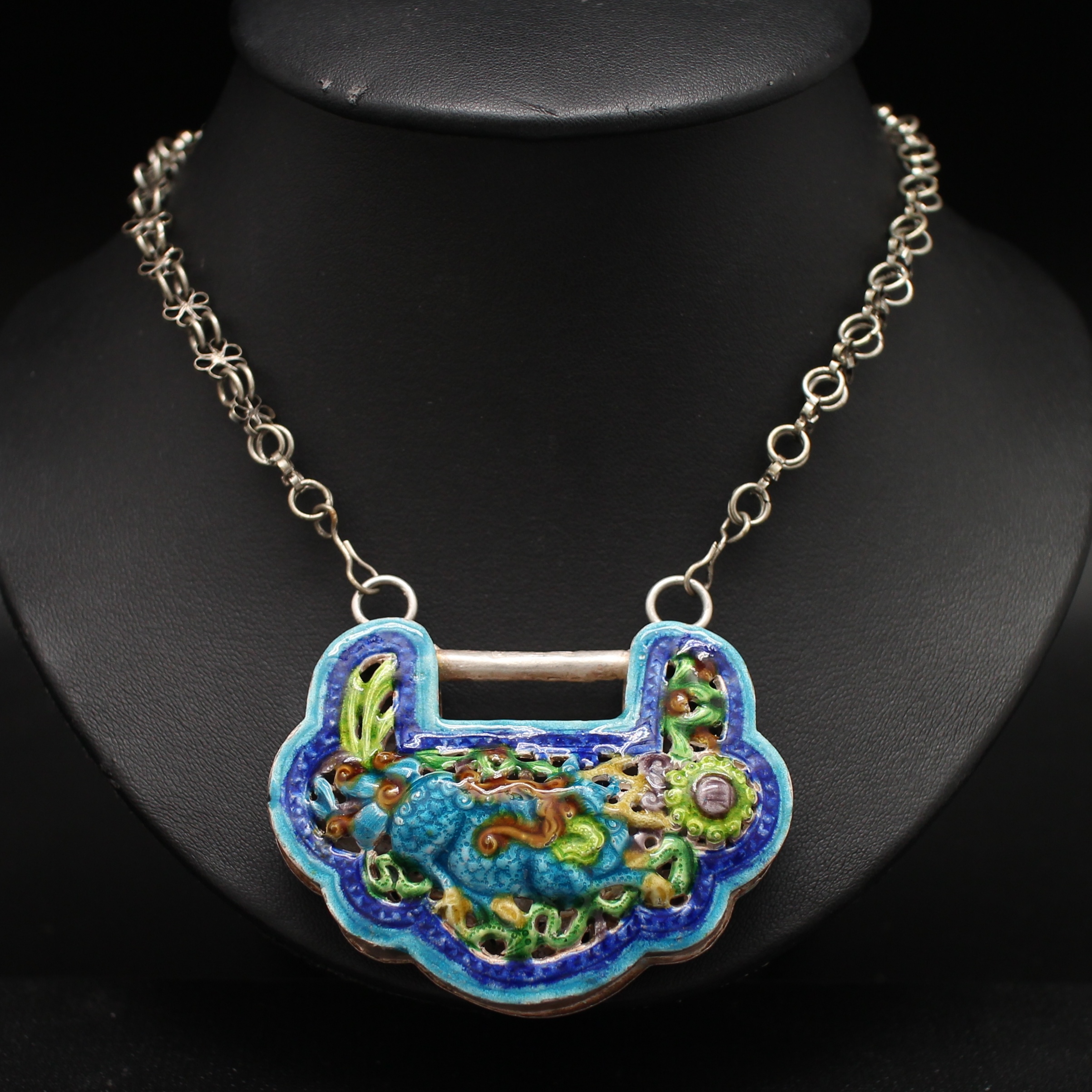 SI329 สร้อยคอ+จี้ กระเป๋าลงยางานเซียงไฮ้ เงินแท้ นน. 73.84 กรัม