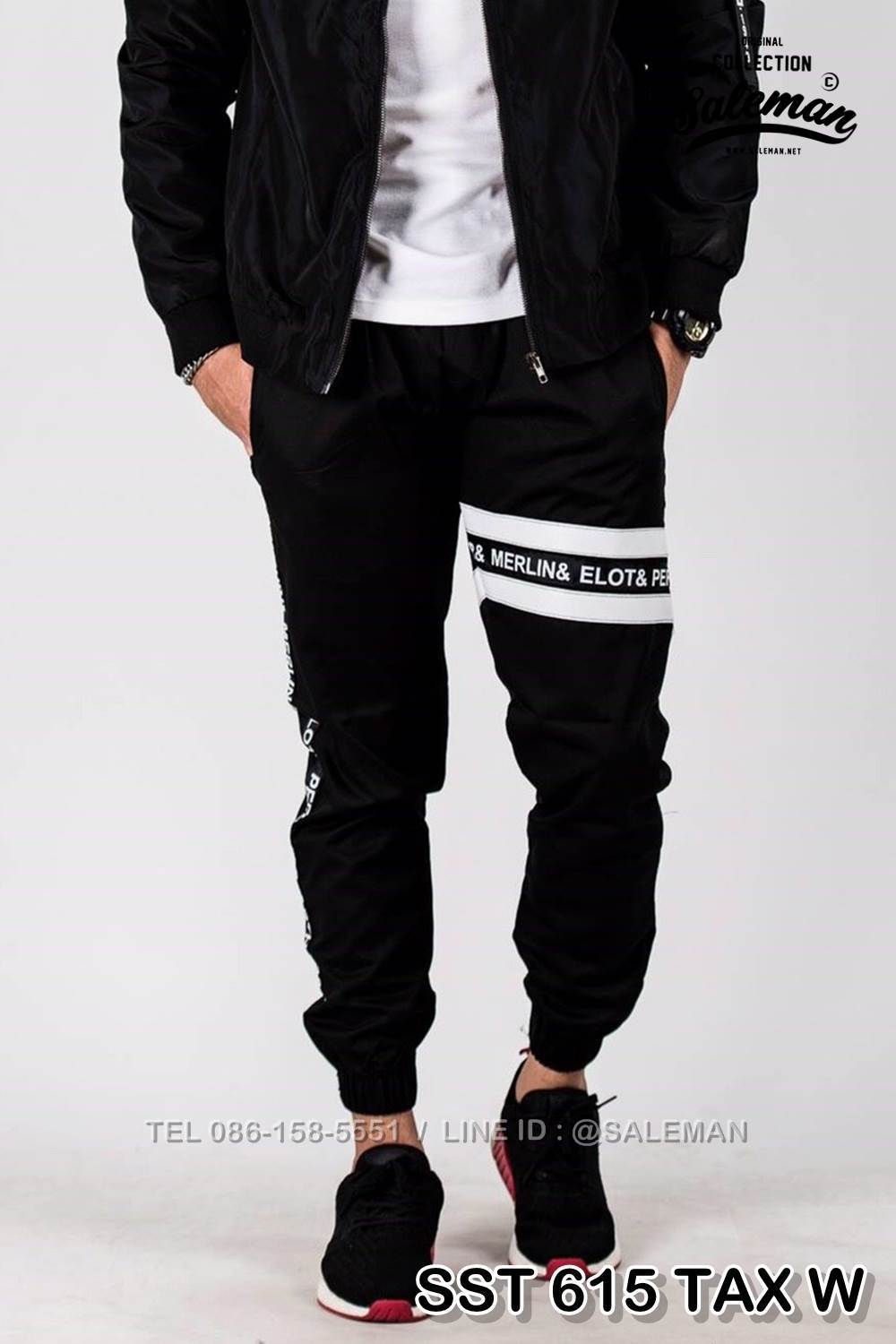 กางเกง JOGGER พรีเมี่ยม ผ้า COTTON 100% รหัส SS T615 TaxWสีดำ แถบแท็กขาว