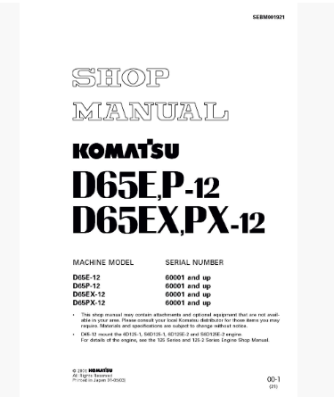 หนังสือ คู่มือซ่อม วงจรไฟฟ้า จักรกลหนัก D65E-12 60001 , D65P-12 60001 , D65EX-12 60001 , D65PX-12 60001 (ทั้งคัน) EN