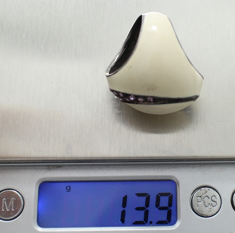 SI0096 แหวนลงยาสีครีมประดับพลอยชมพู เงินแท้ นน.13.9 กรัม size 54