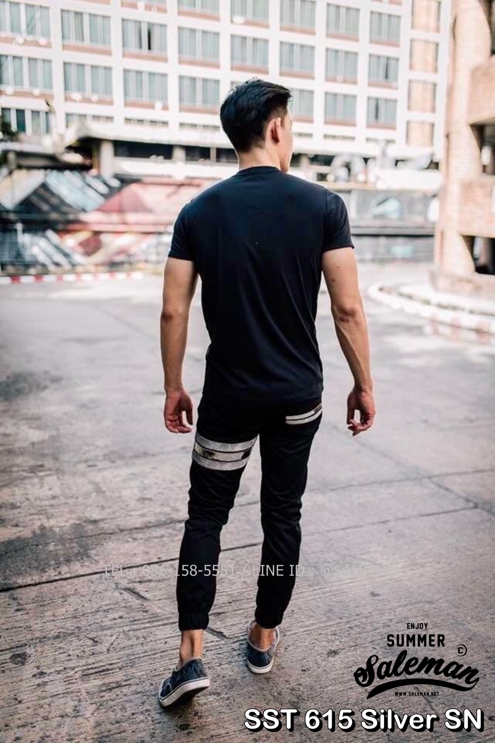 กางเกง JOGGER พรีเมี่ยม ผ้า COTTON รหัส SST 615 Silver SN สีดำ แถบงูเงิน