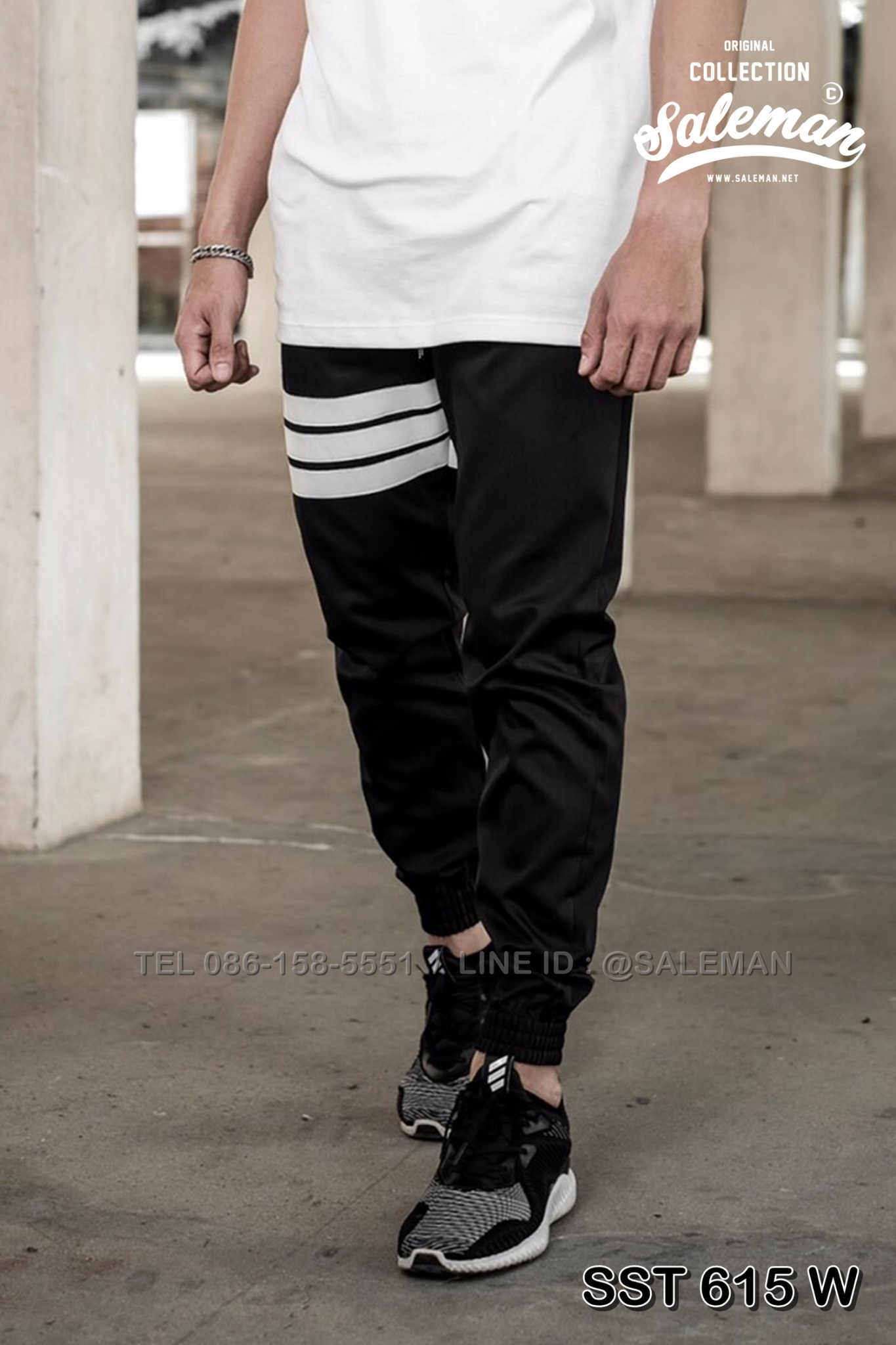 กางเกง JOGGER พรีเมี่ยม ผ้า COTTON รหัส SST 615 W สีดำ แถบขาว