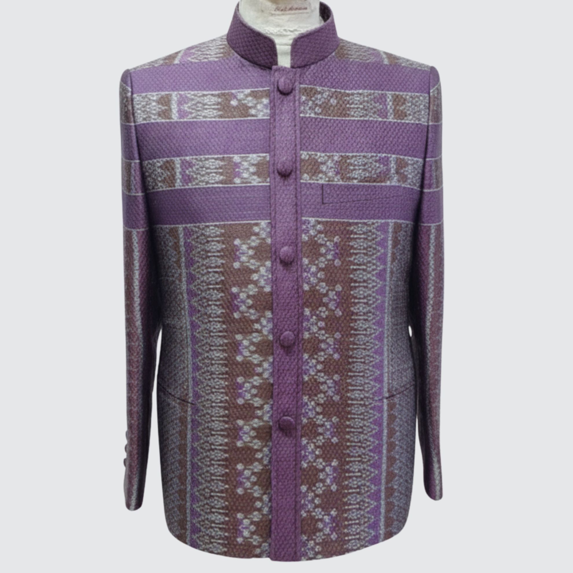 เสื้อสูทพระราชทาน แขนยาว ไหมมัดหมี่ 6ตะกอ สีธรรมชาติ | ตัดเย็บตามรูปร่าง | เลือกสีผ้า ส่งไซส์ได้